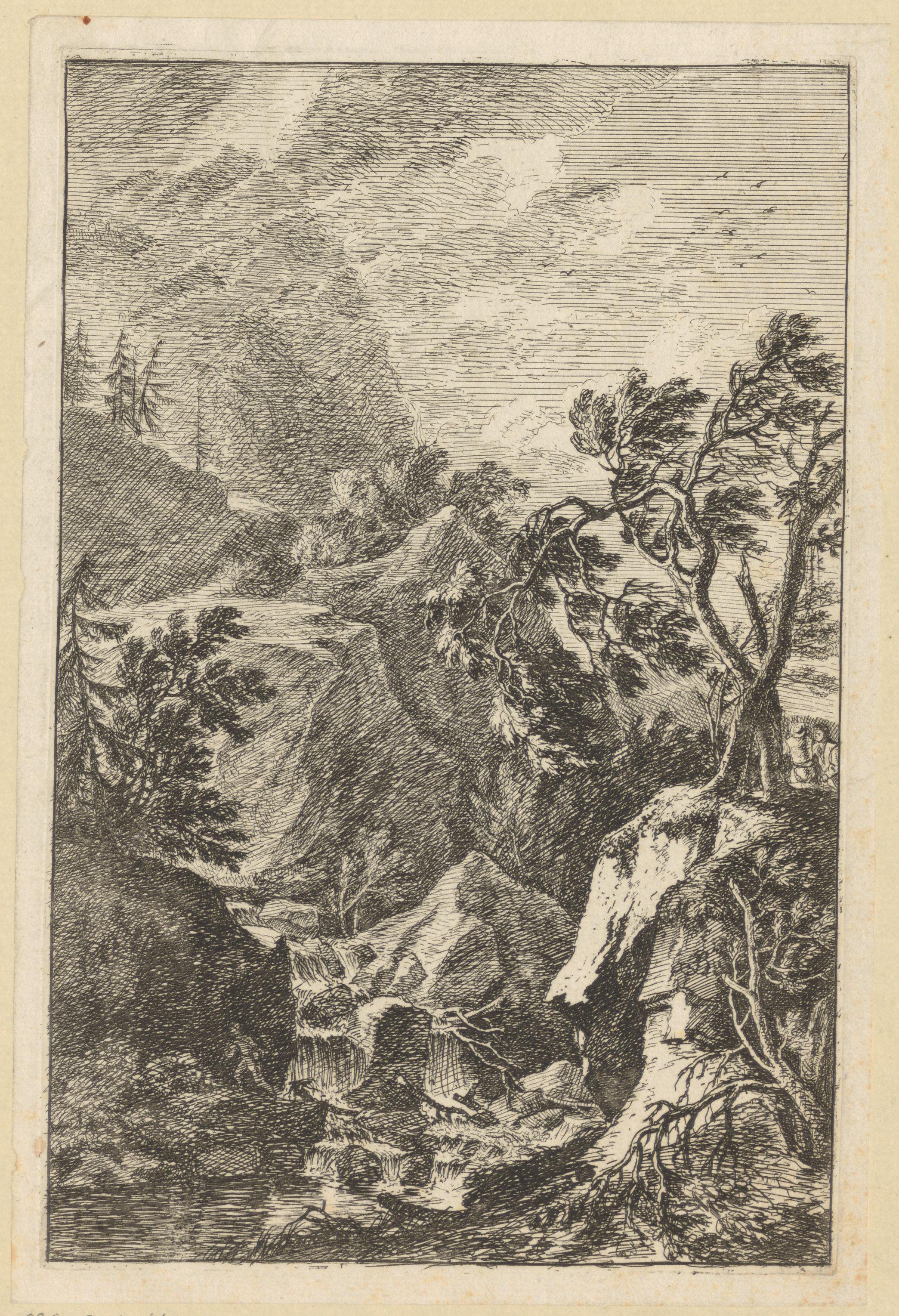 Rotsachtig landschap met rechts twee mannen achter twee bomen