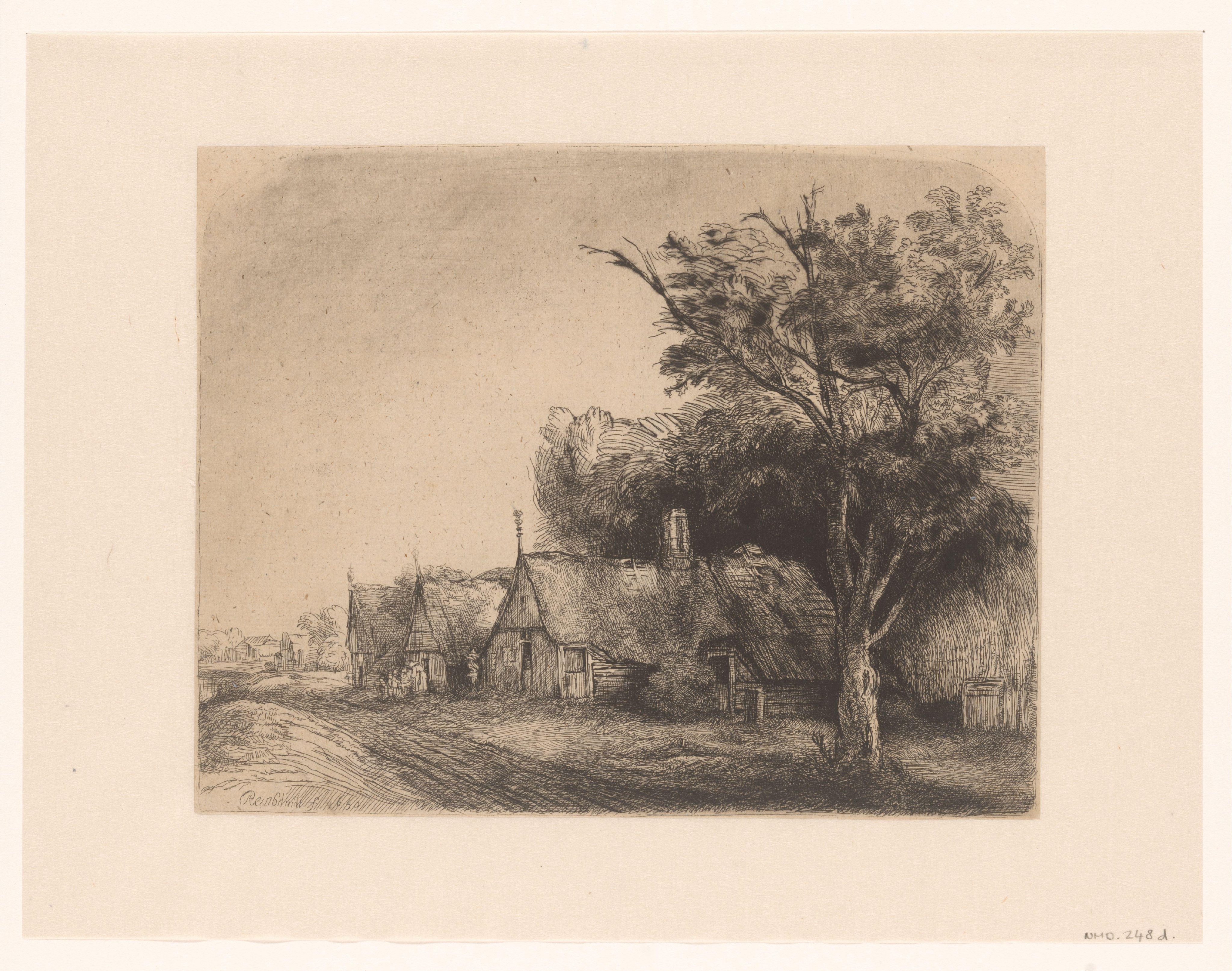 Landscape with three gabled cottages beside a road