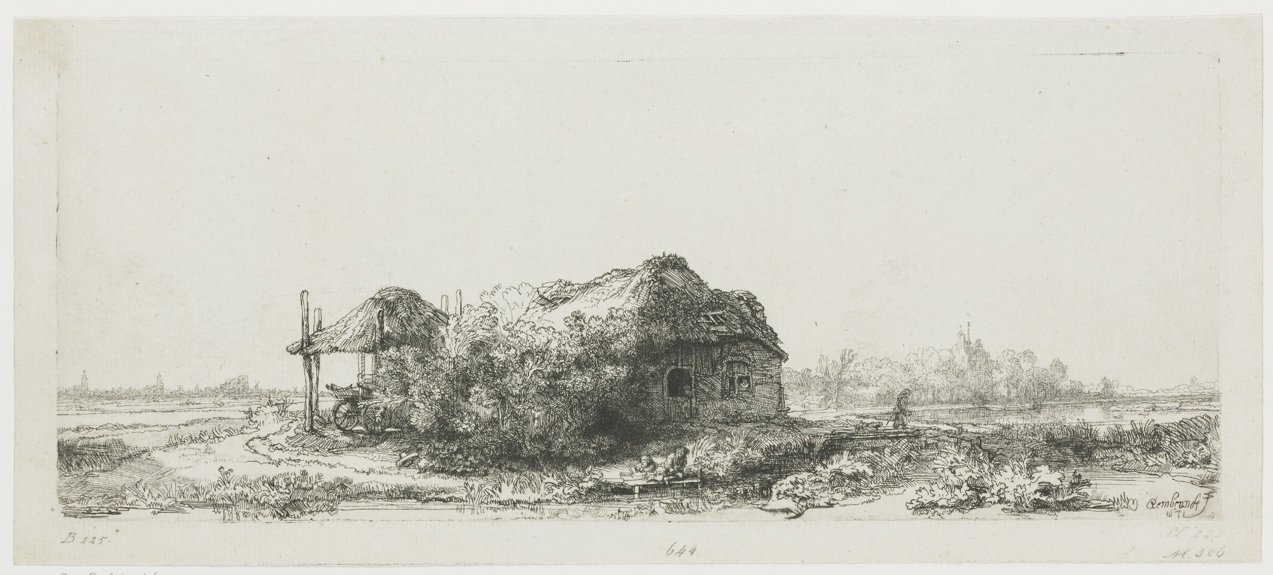 Landscape with cottages and a hay barn: oblong