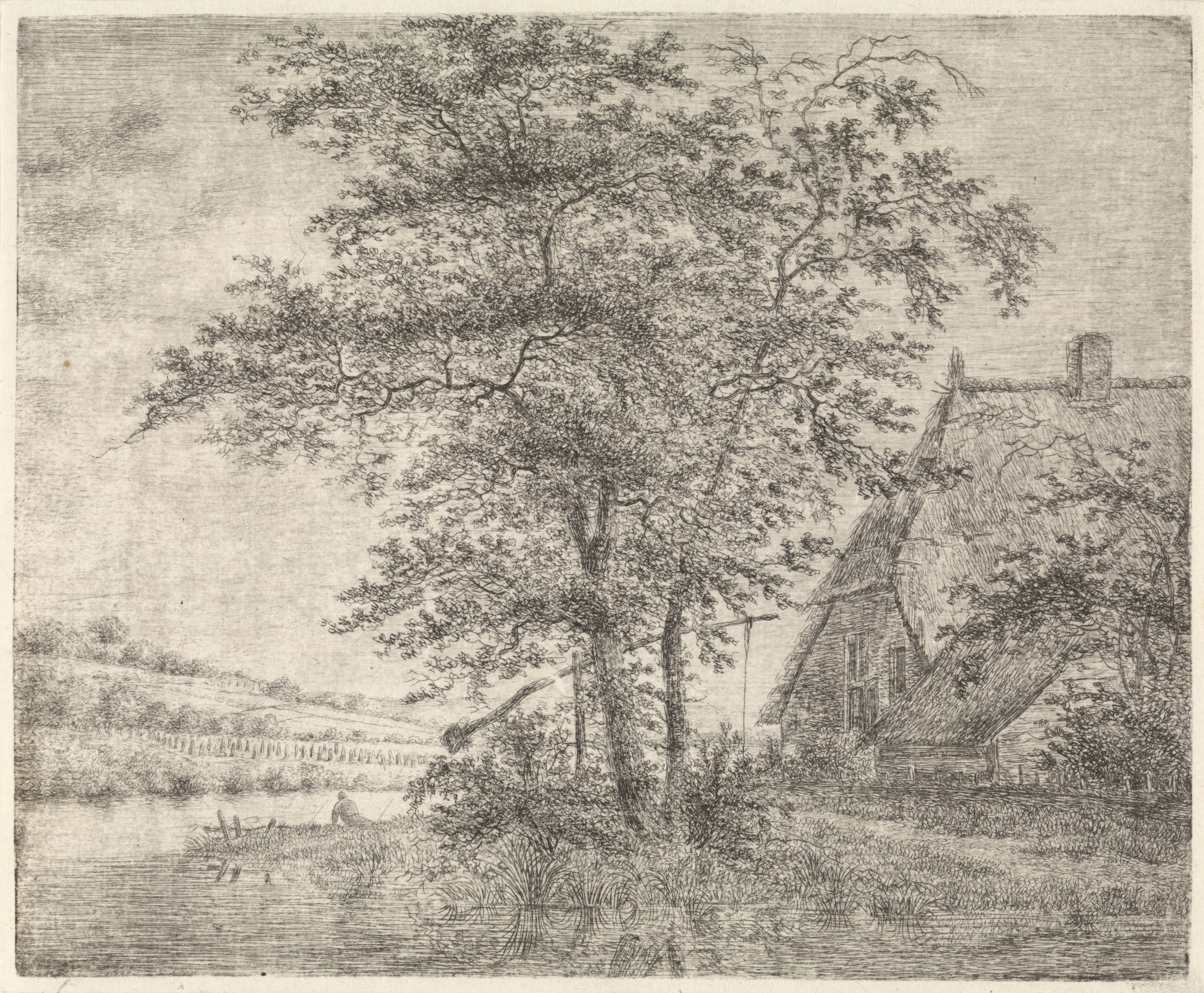 Landschap met boerderij en put