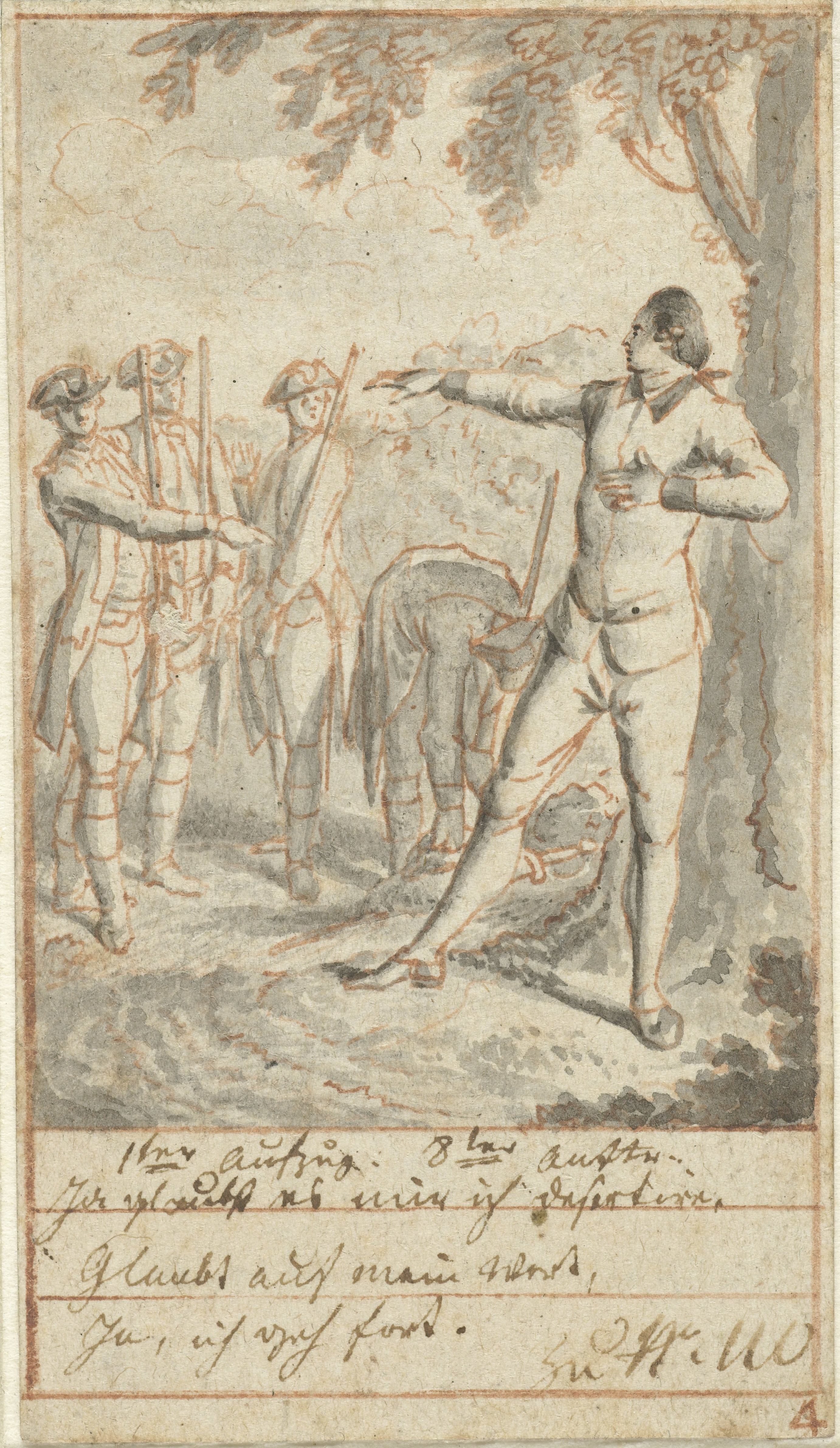 Alexis en brigadier Courchemin met soldaten bij lindeboom