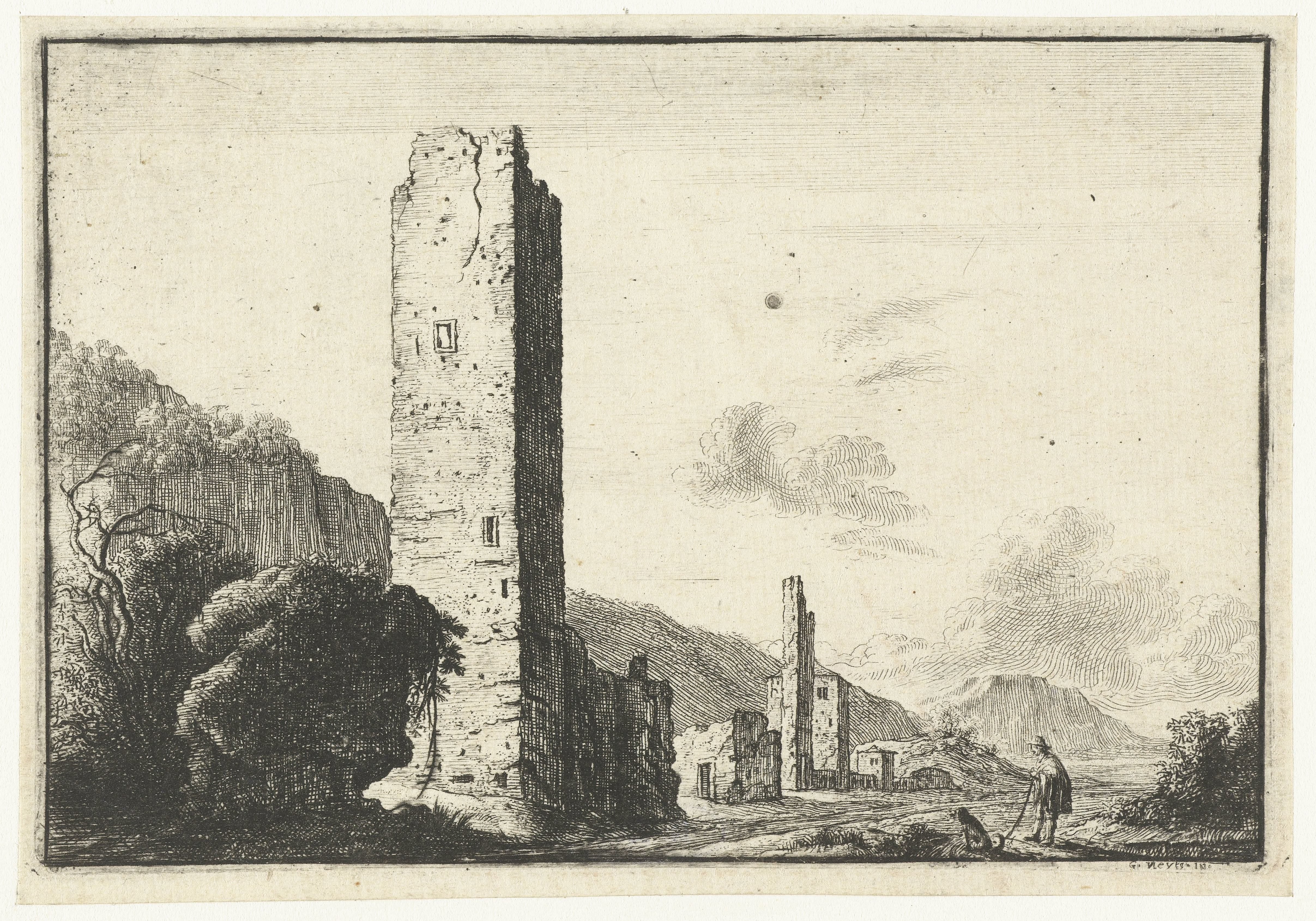 Landschap met vierkante toren