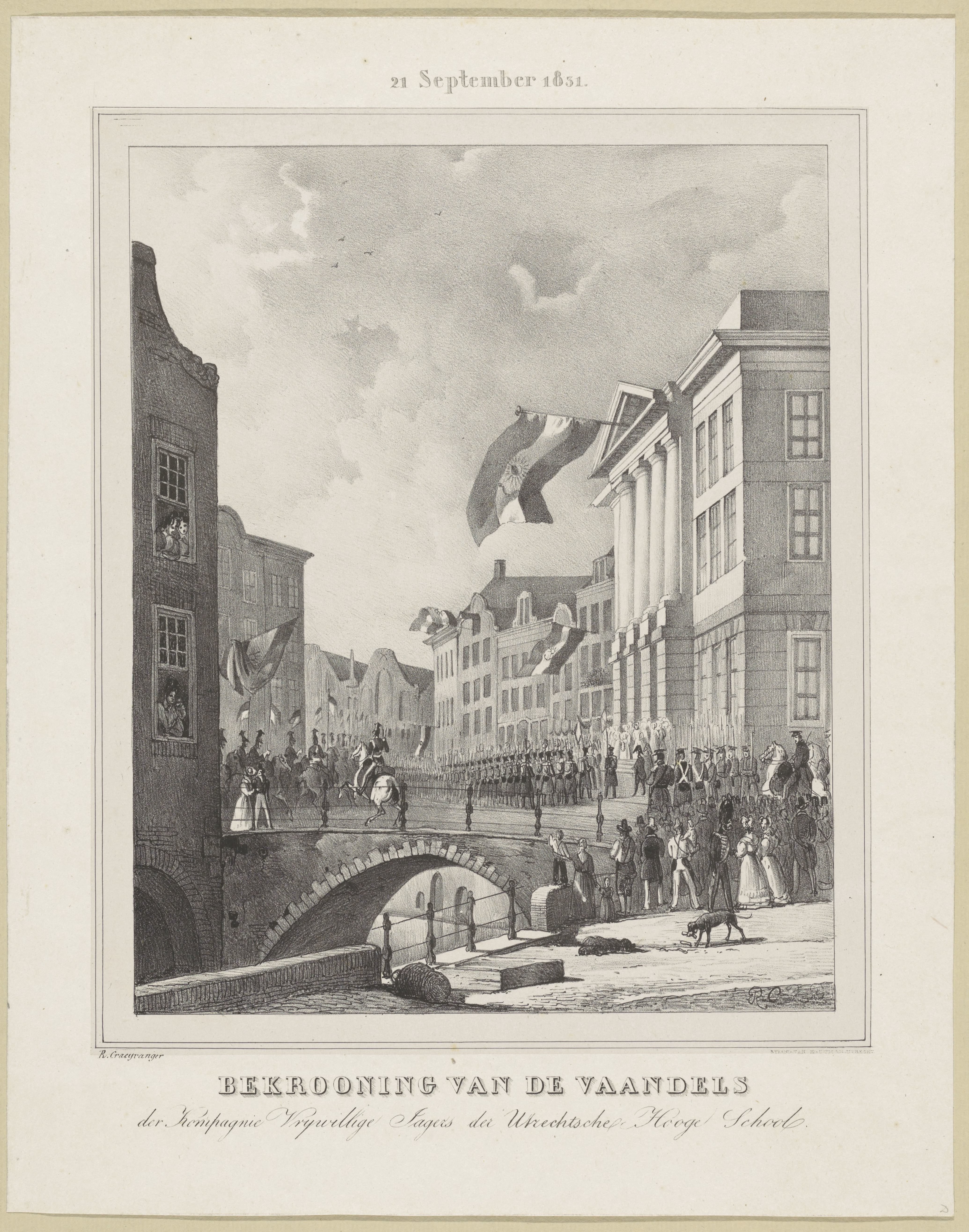 Bekroning van de vaandels der kompagnie Vrijwillige Jagers der Utrechtsche Hooge School op 21 september 1831
