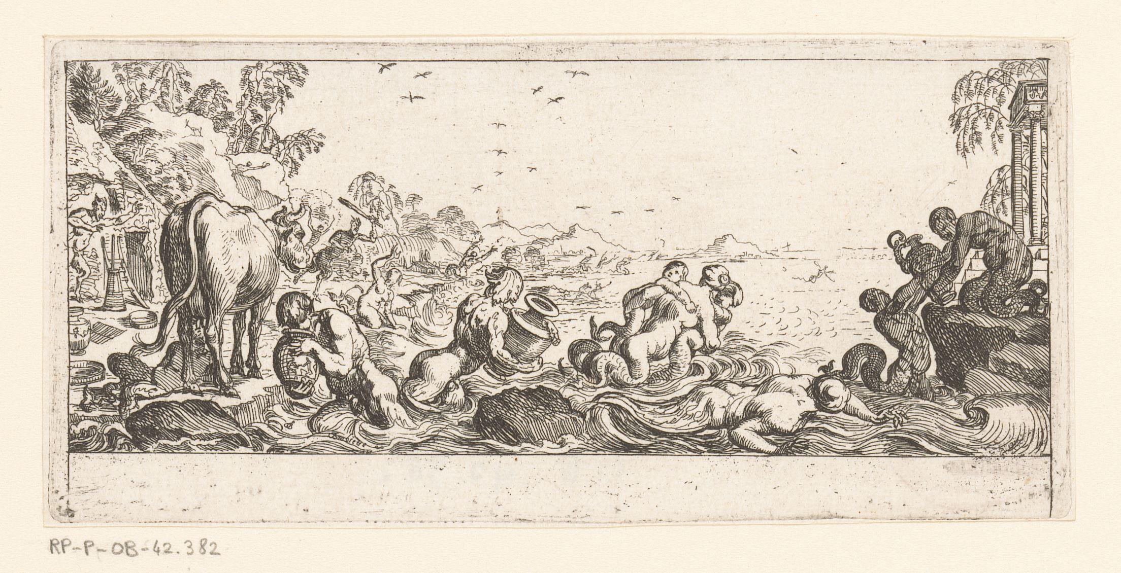 Nereïden en tritons met urnen aan een kust