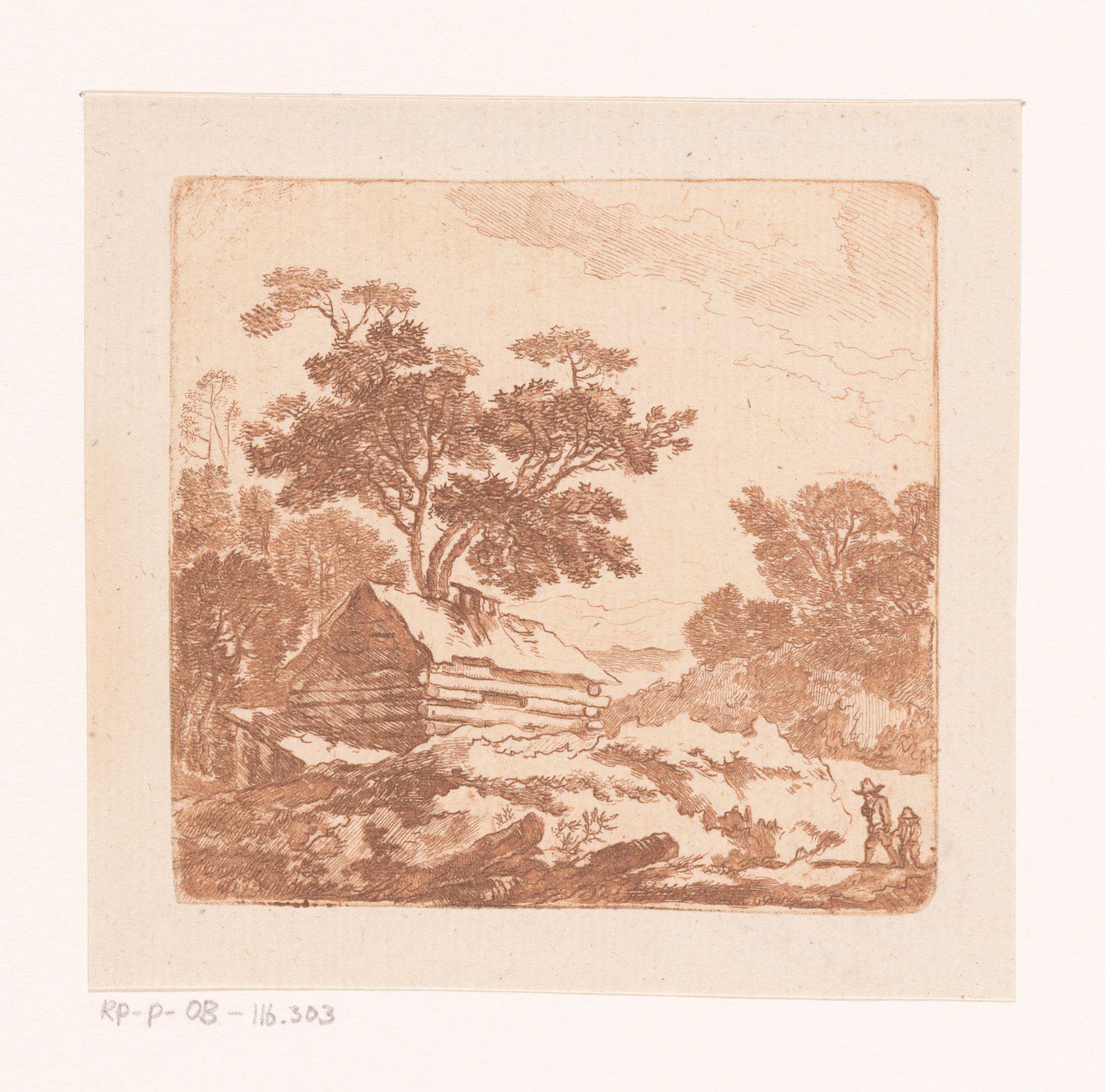 Landschap met blokhut en twee wandelaars