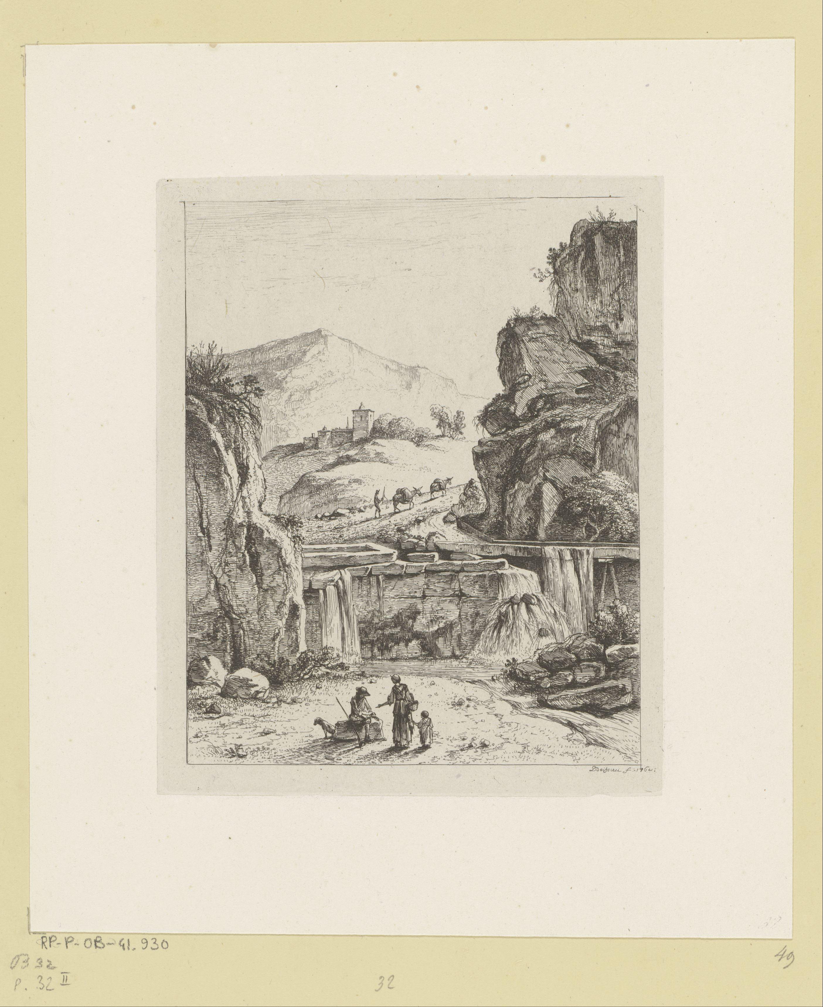 Berglandschap met figuren bij een steen en een man met twee ezels op een pad