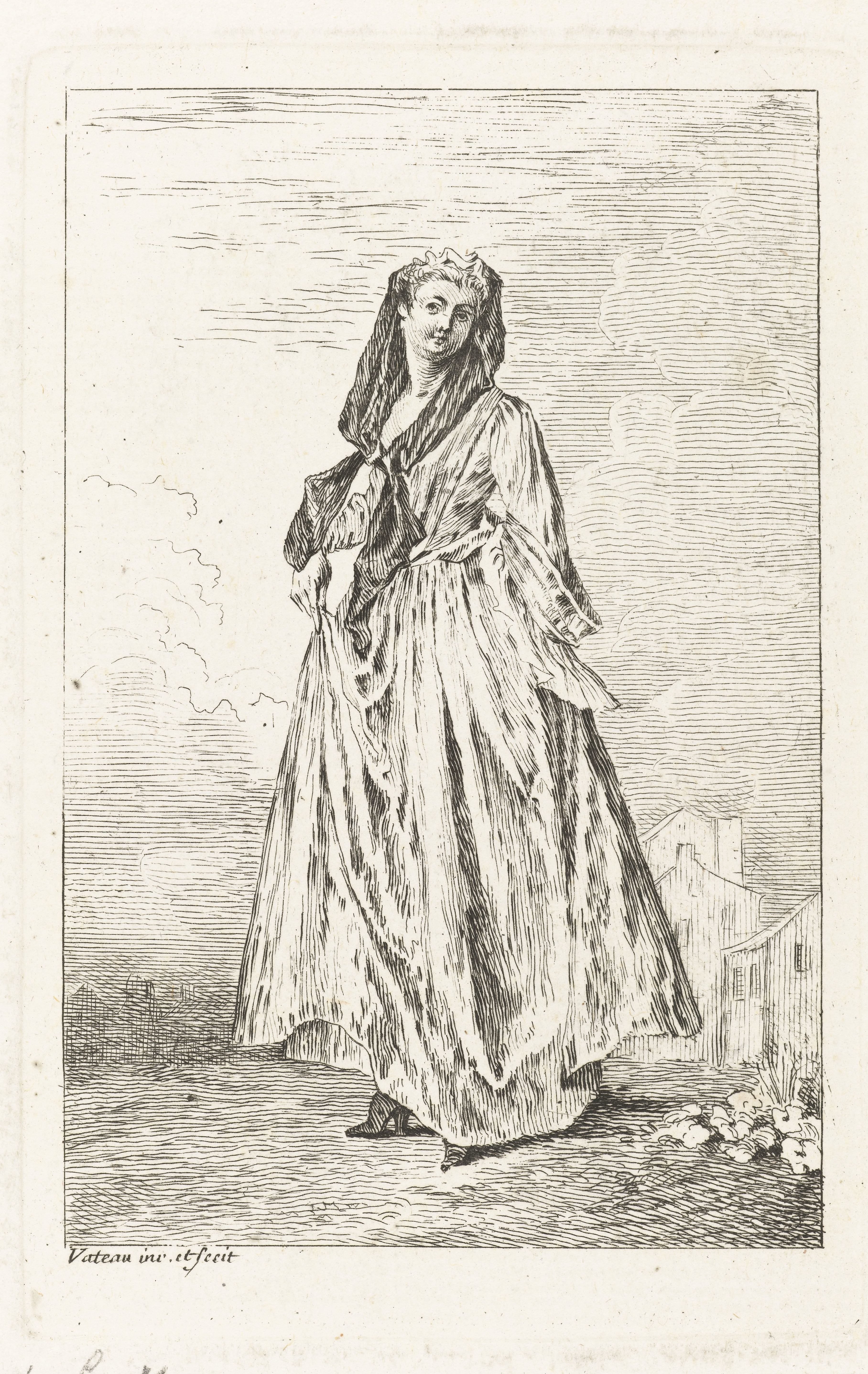 Staande vrouw gekleed volgens de mode van ca. 1710