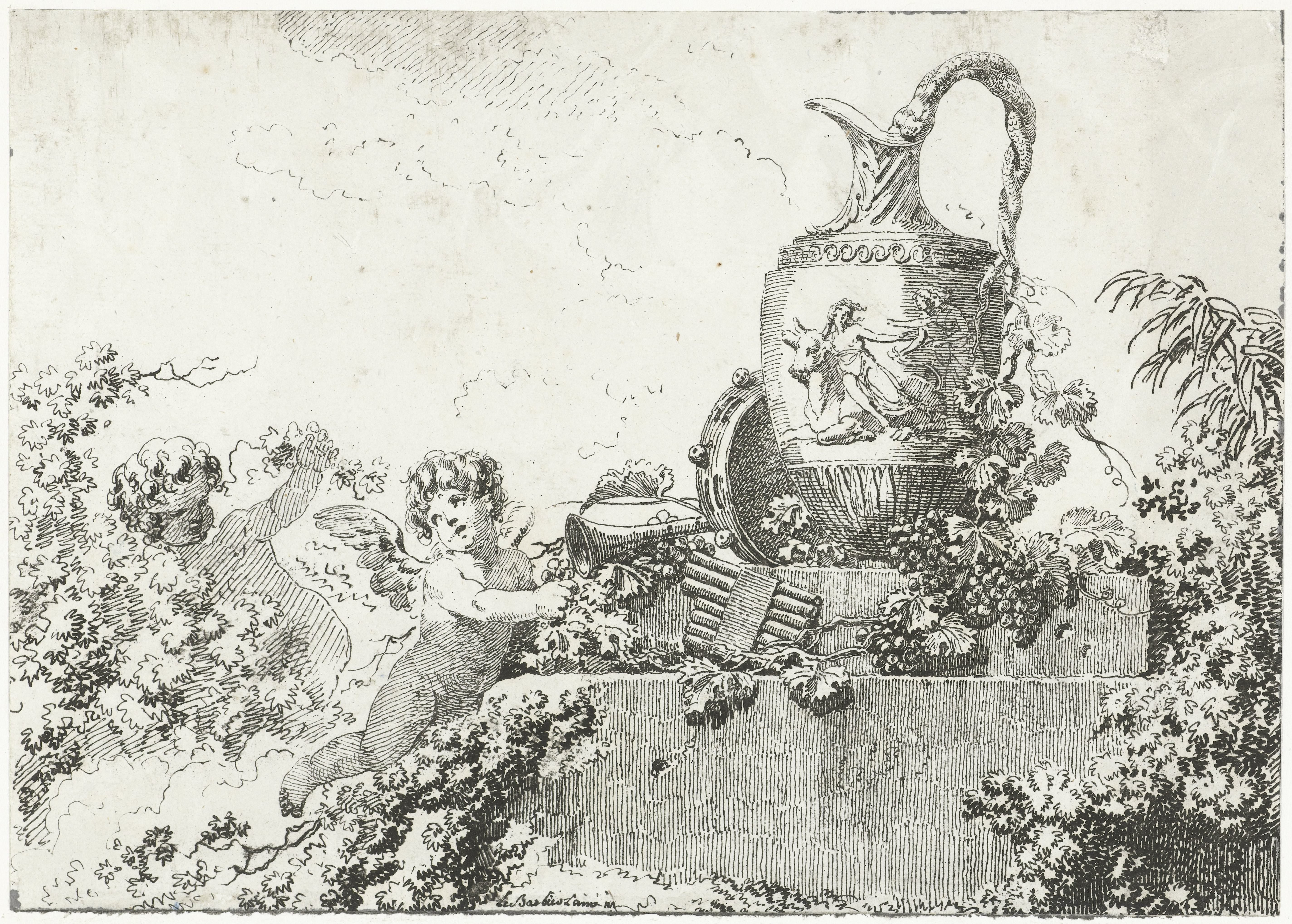 Putti, muziekinstrumenten en een vaas