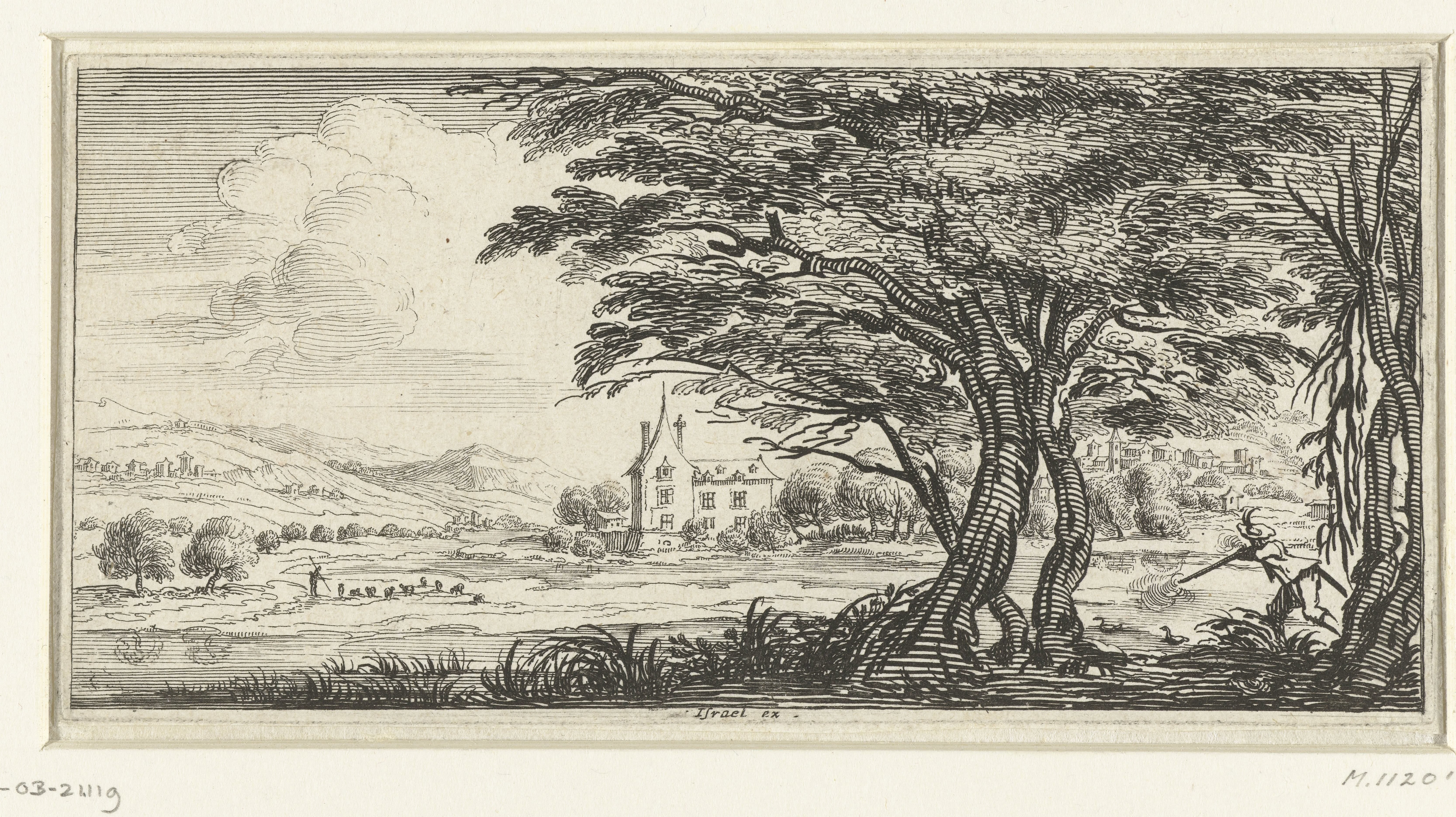 Landschap met een grote boom en een jager