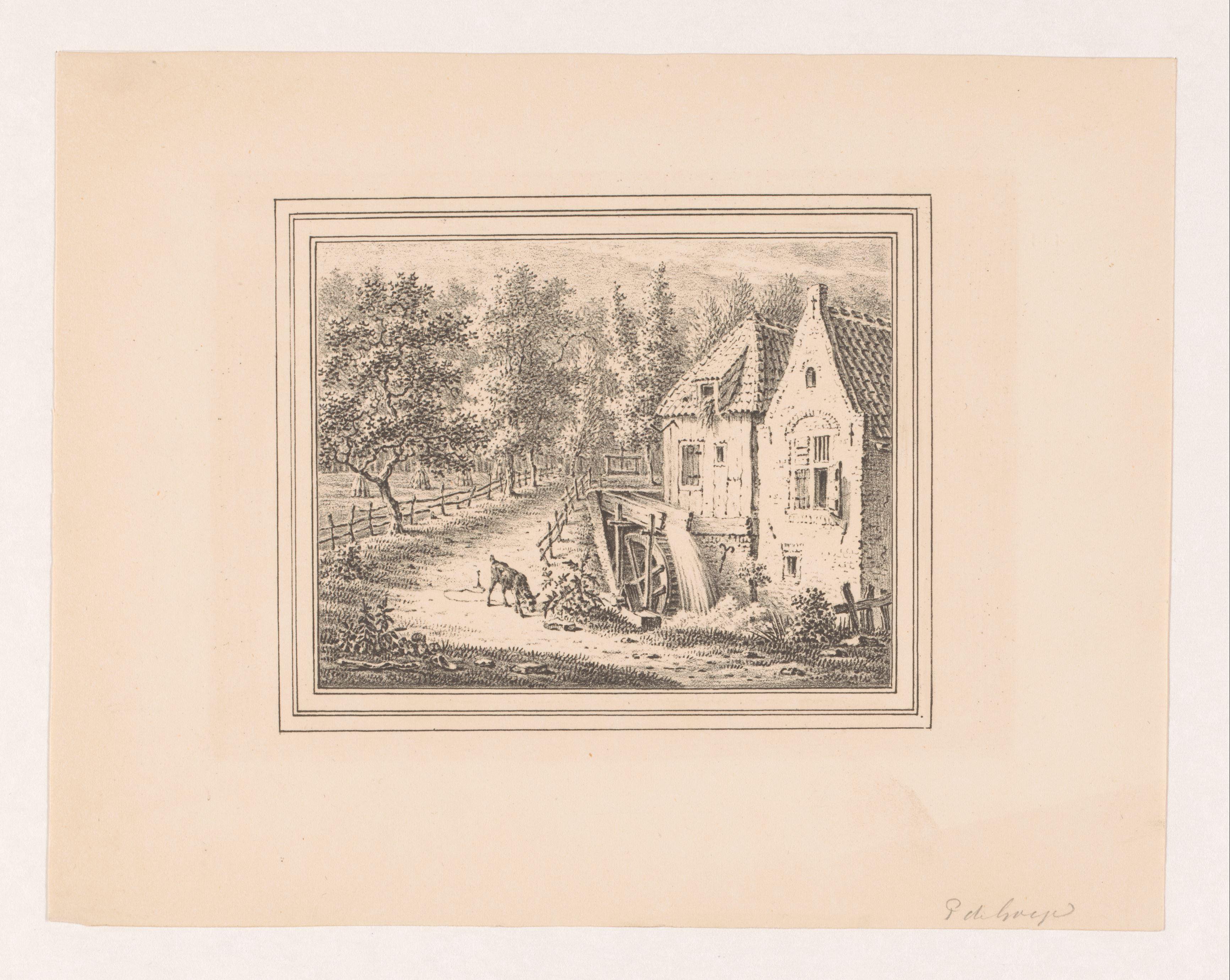 Landschap met watermolen en een grazende geit aan een touw