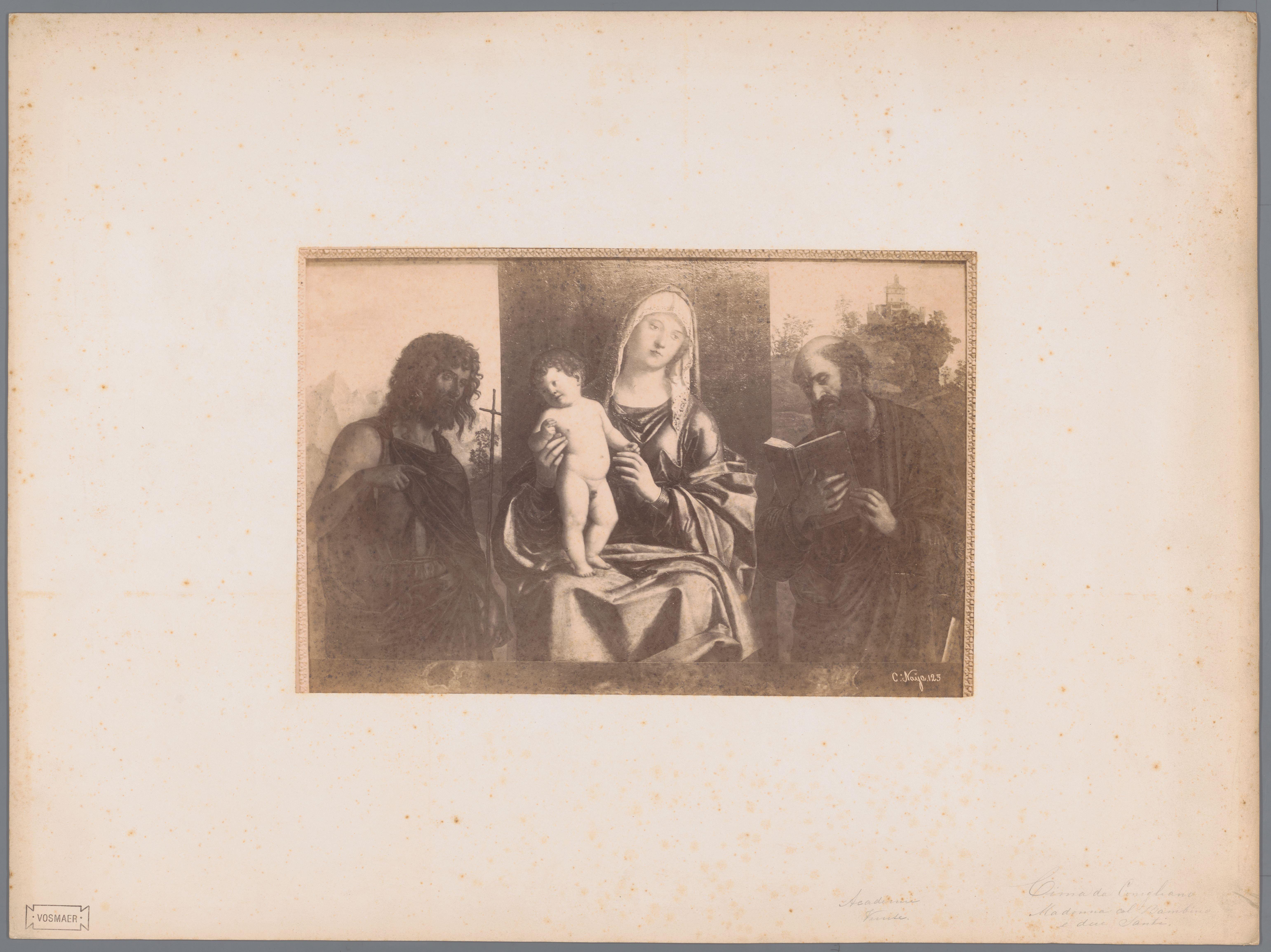 Fotoreproductie van schilderij Madonna met kind en twee heiligen door Cima da Conigliano, Academia Venezia