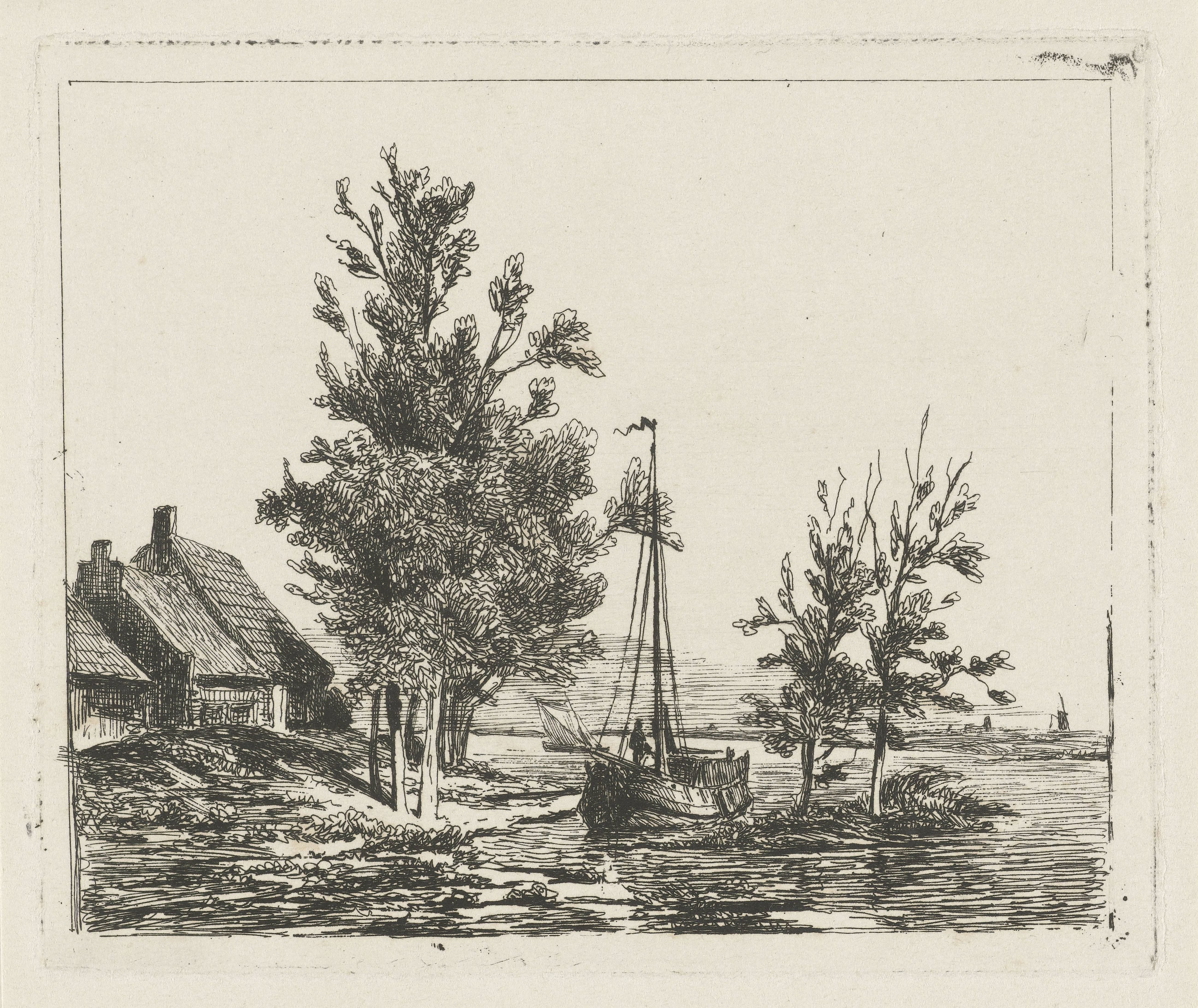 Rivierlandschap met zeilschip en boerderij