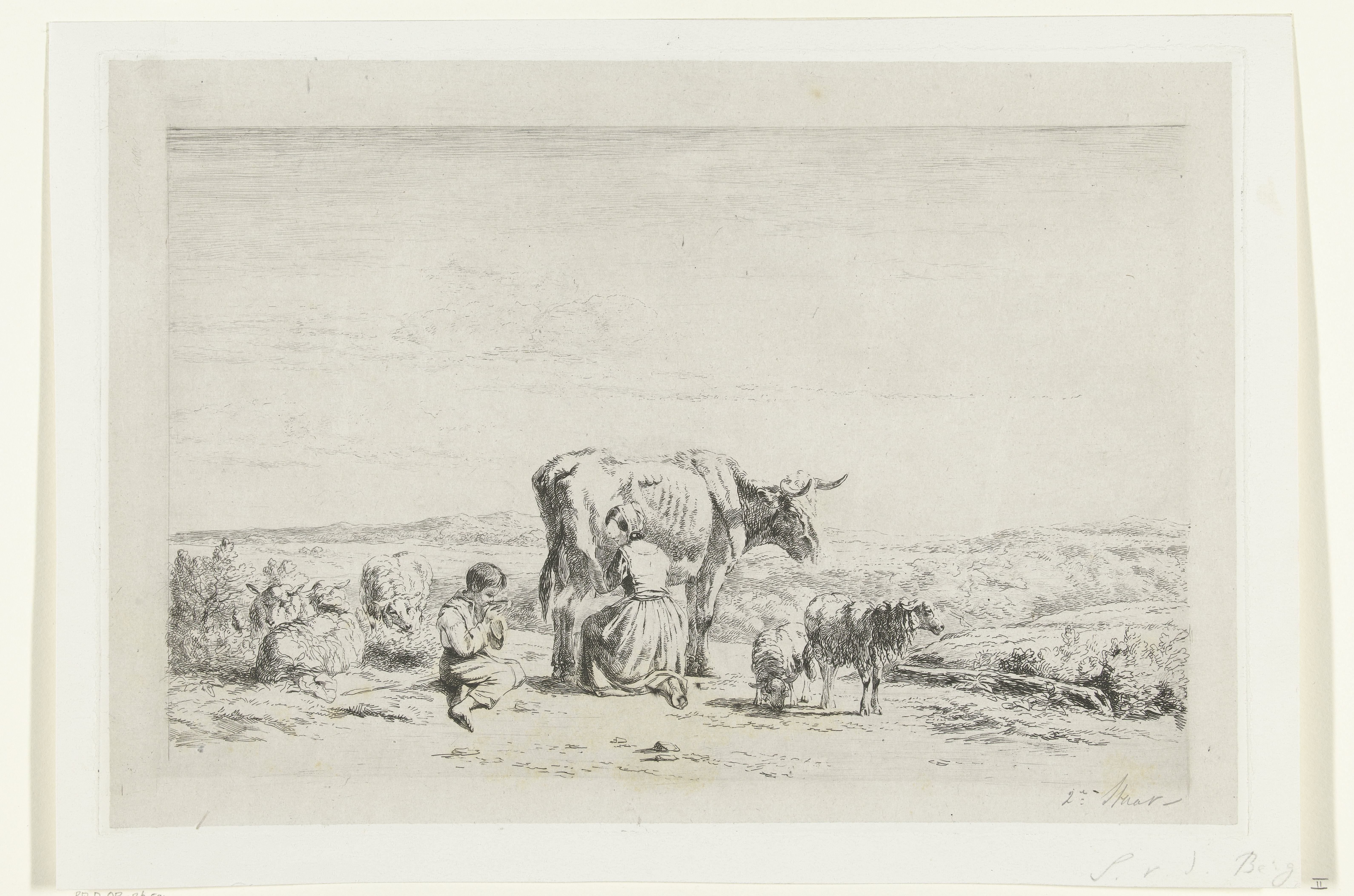 Landschap met vrouw die koe melkt en jongen met schapen