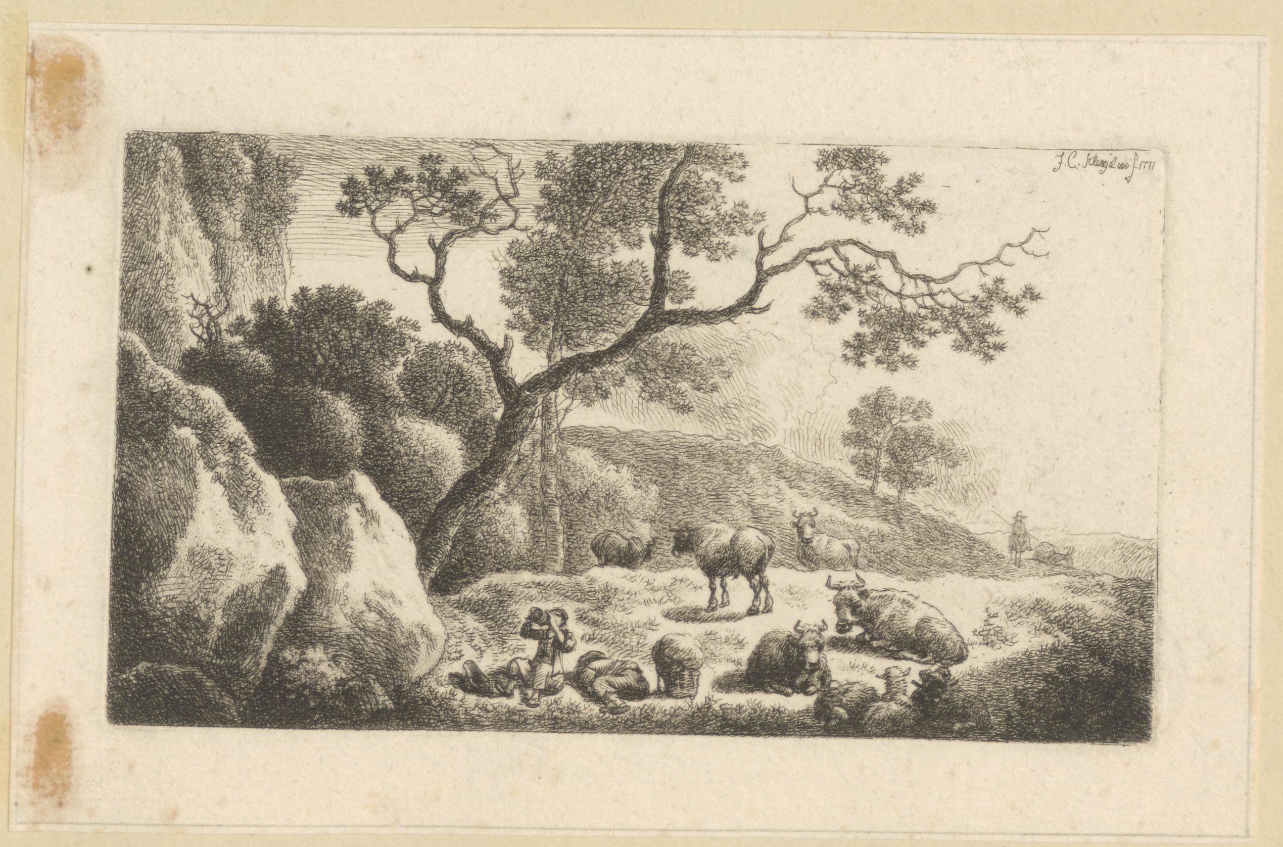 Landschap met rustende herders en kudde runderen en schapen