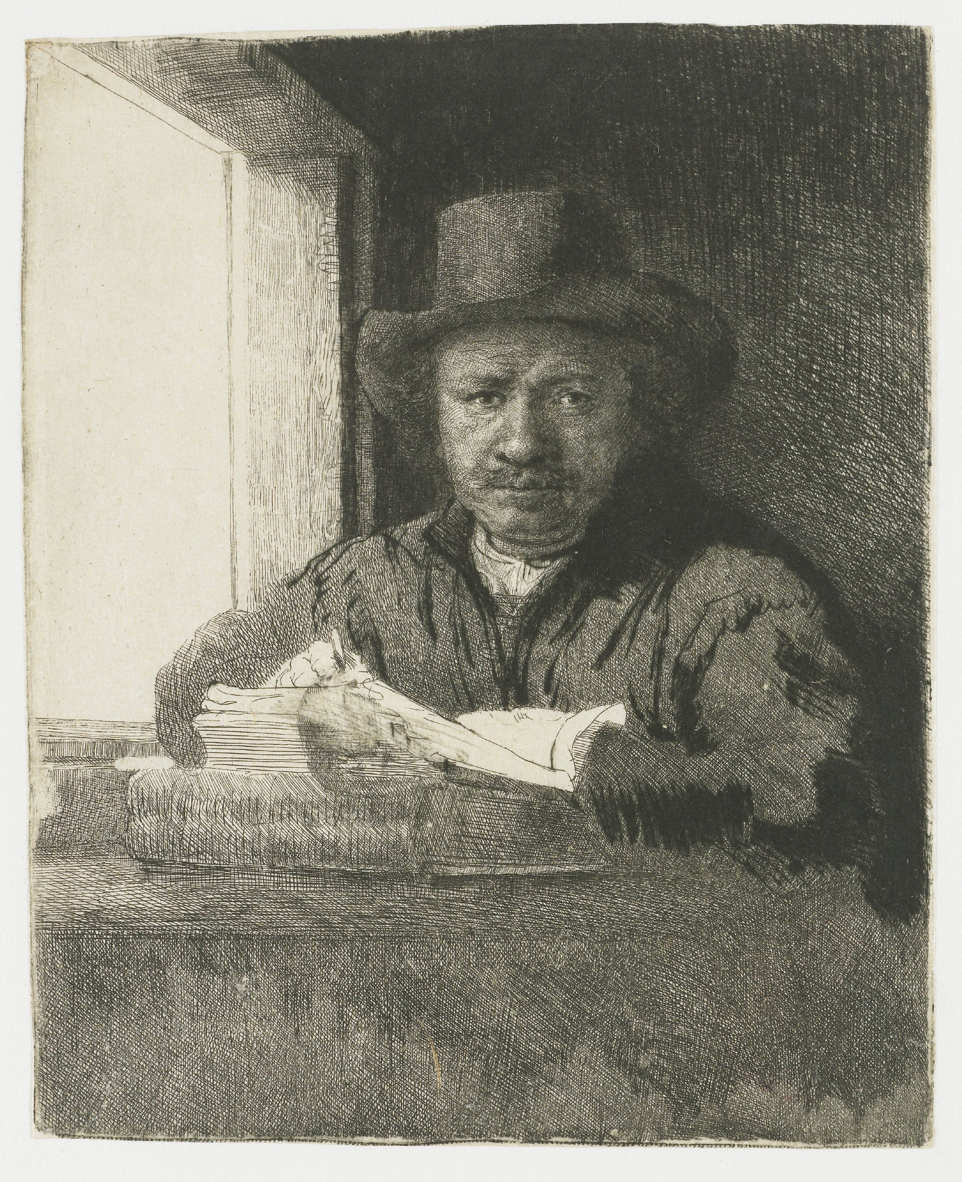 Self-portrait etching at a window
