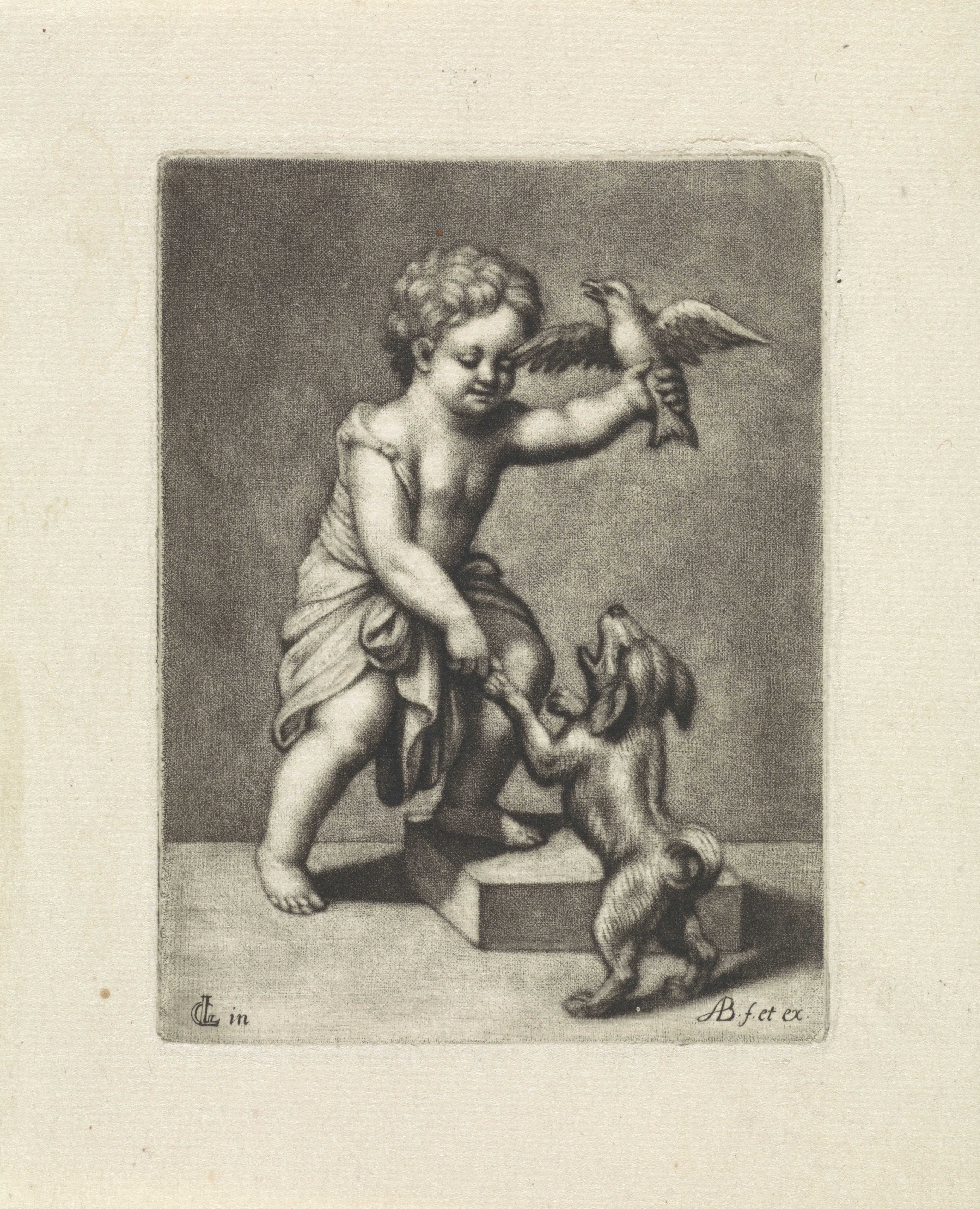 Jongen met een hond en een vogel