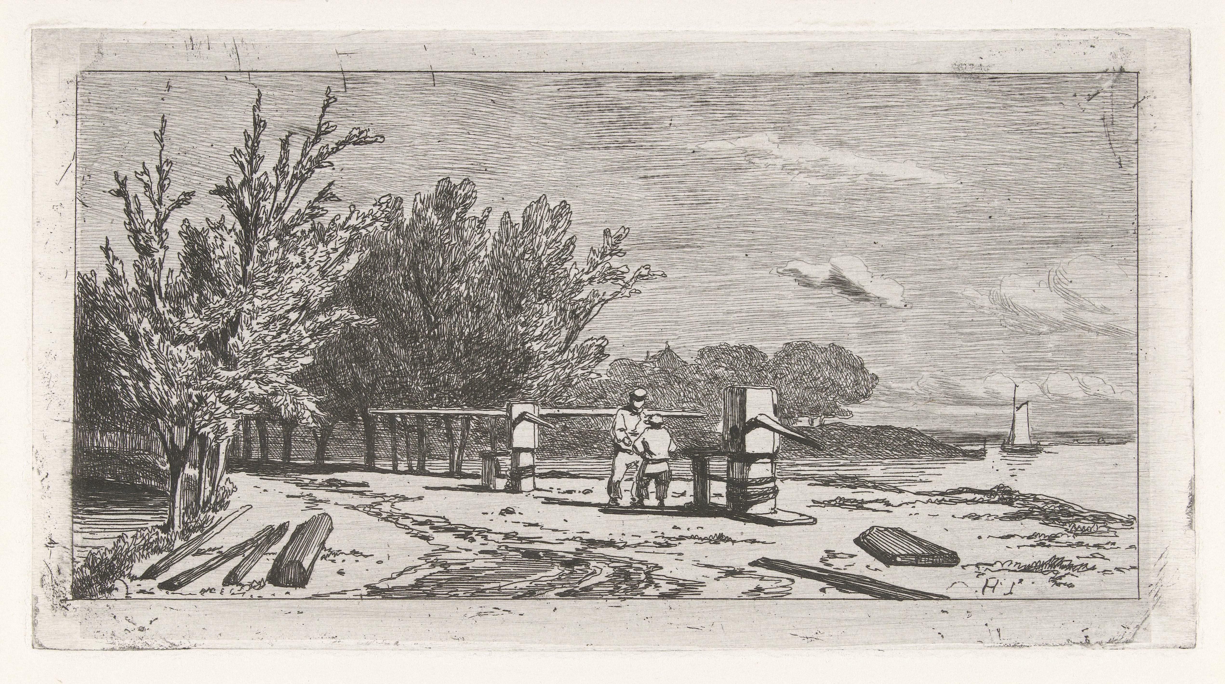 Man en jongen langs de oever van een rivier