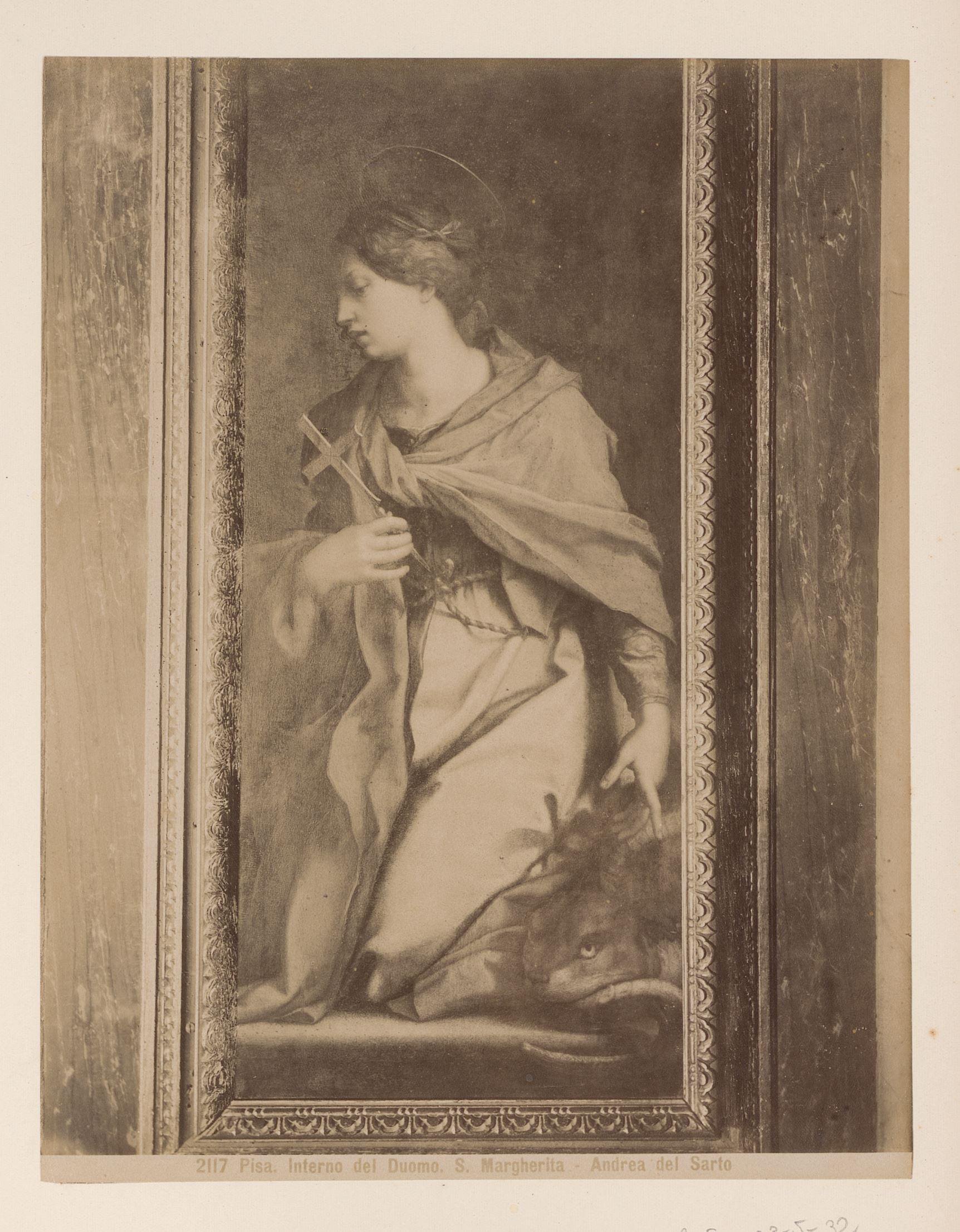 Fotoreproductie van een schilderij van Margaretha van Antiochië naar Andrea del Sarto in de Dom van Pisa, Italië