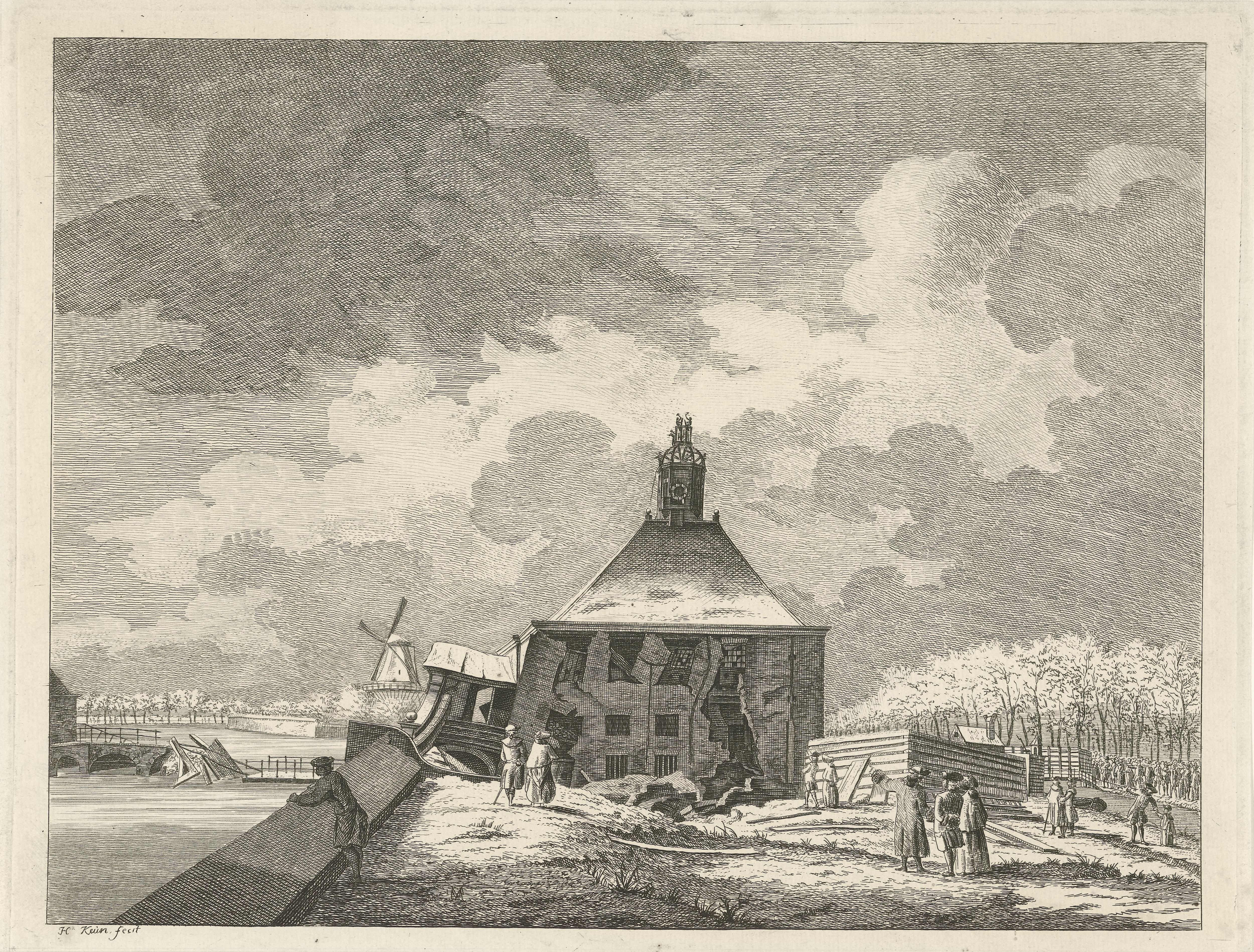 Gezicht op de verzakte Eerste Muiderpoort te Amsterdam vanaf de schans