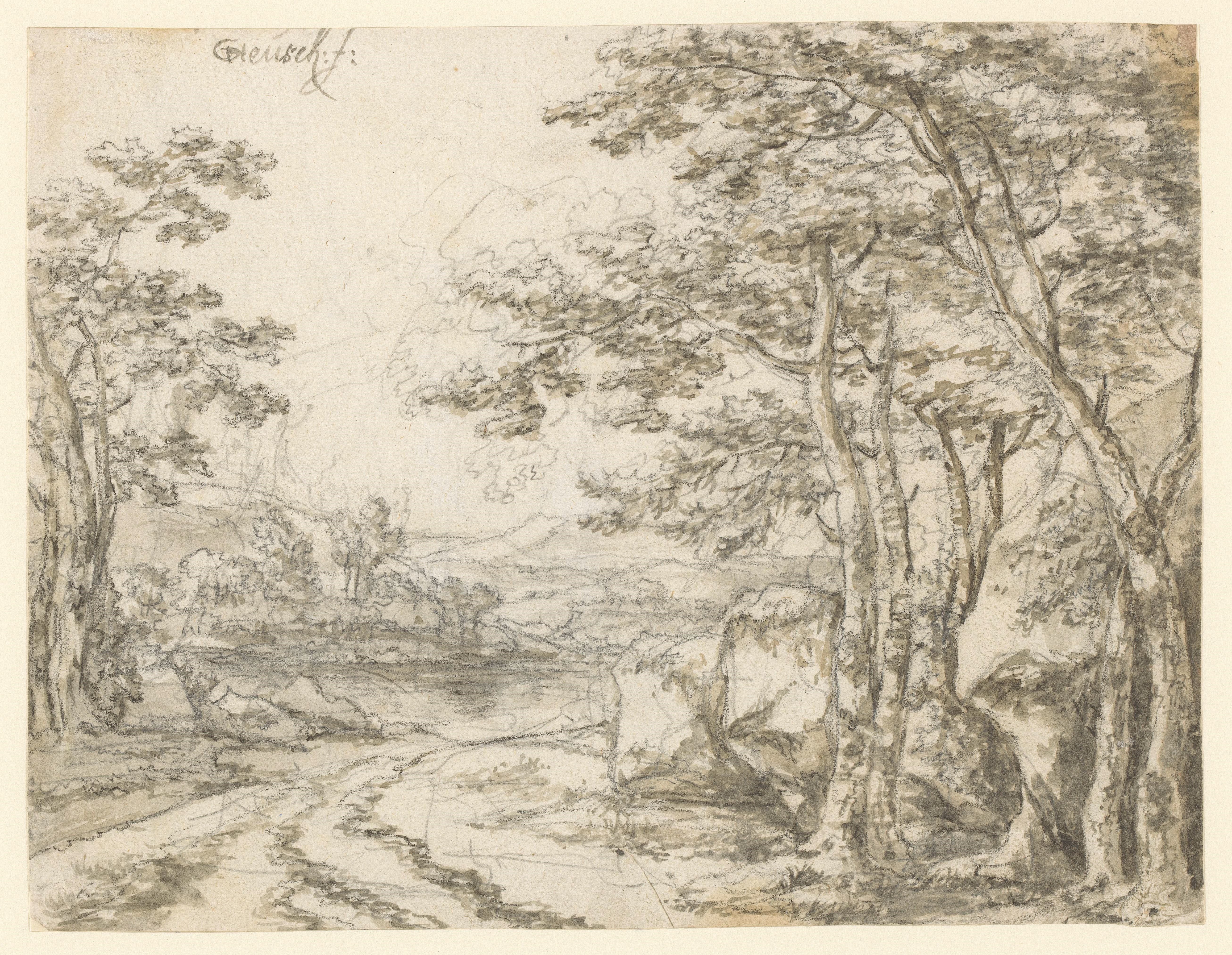 Landschap met een weg langs bomen