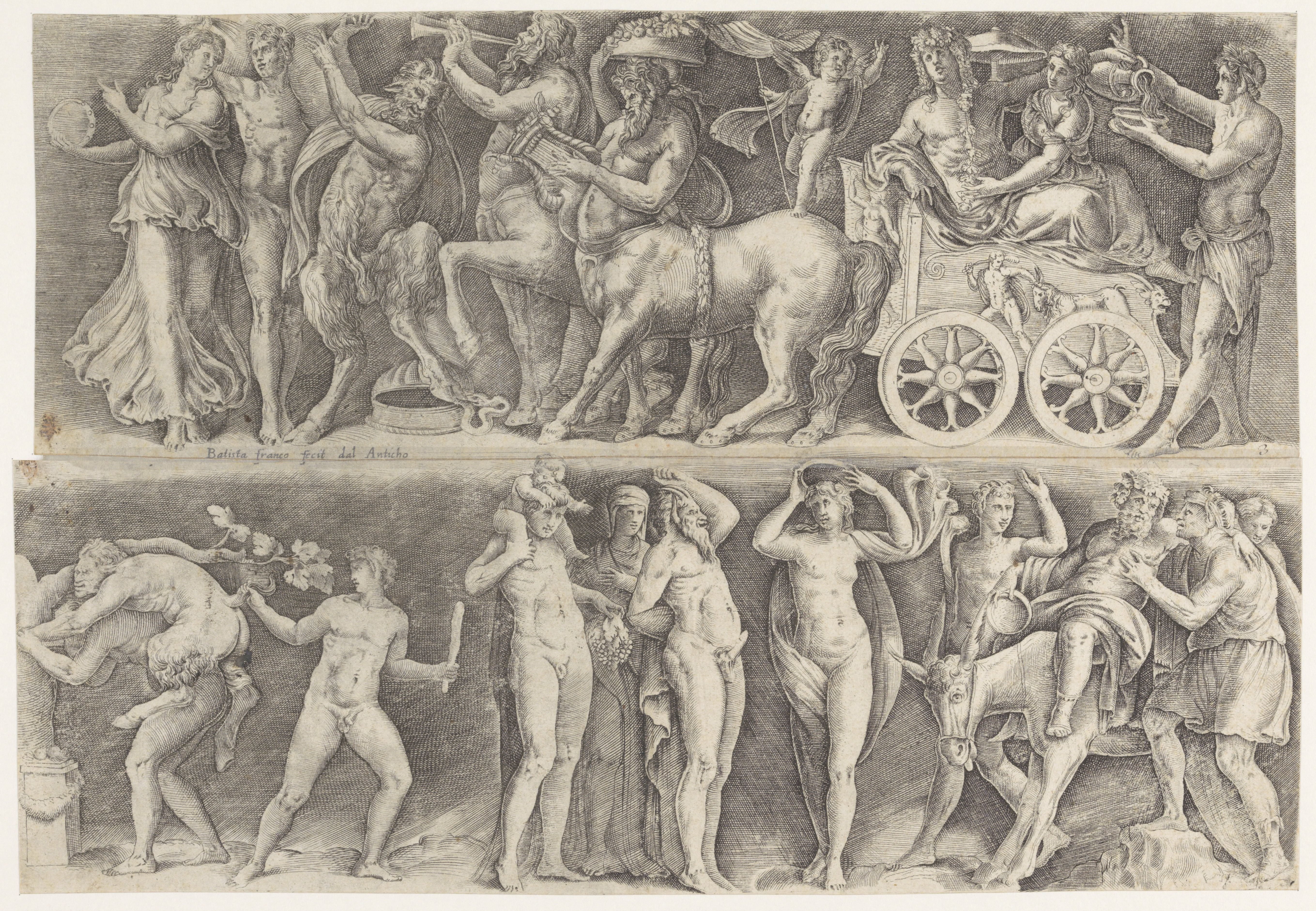 Antiek reliëf met Bacchus en Ariadne