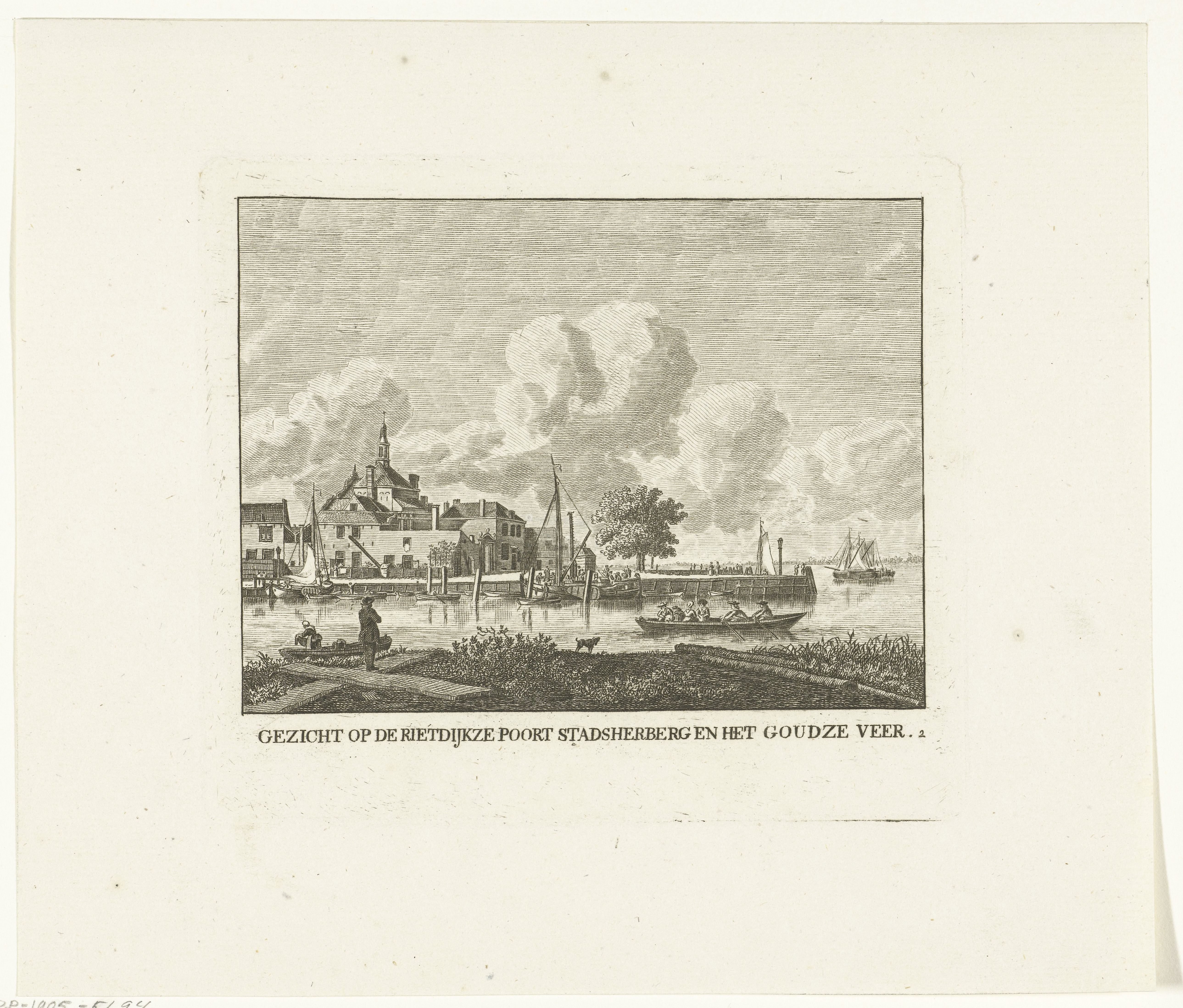 Gezicht op achterzijde Riedijkspoort met stadsherberg en het veer naar Gouda te Dordrecht