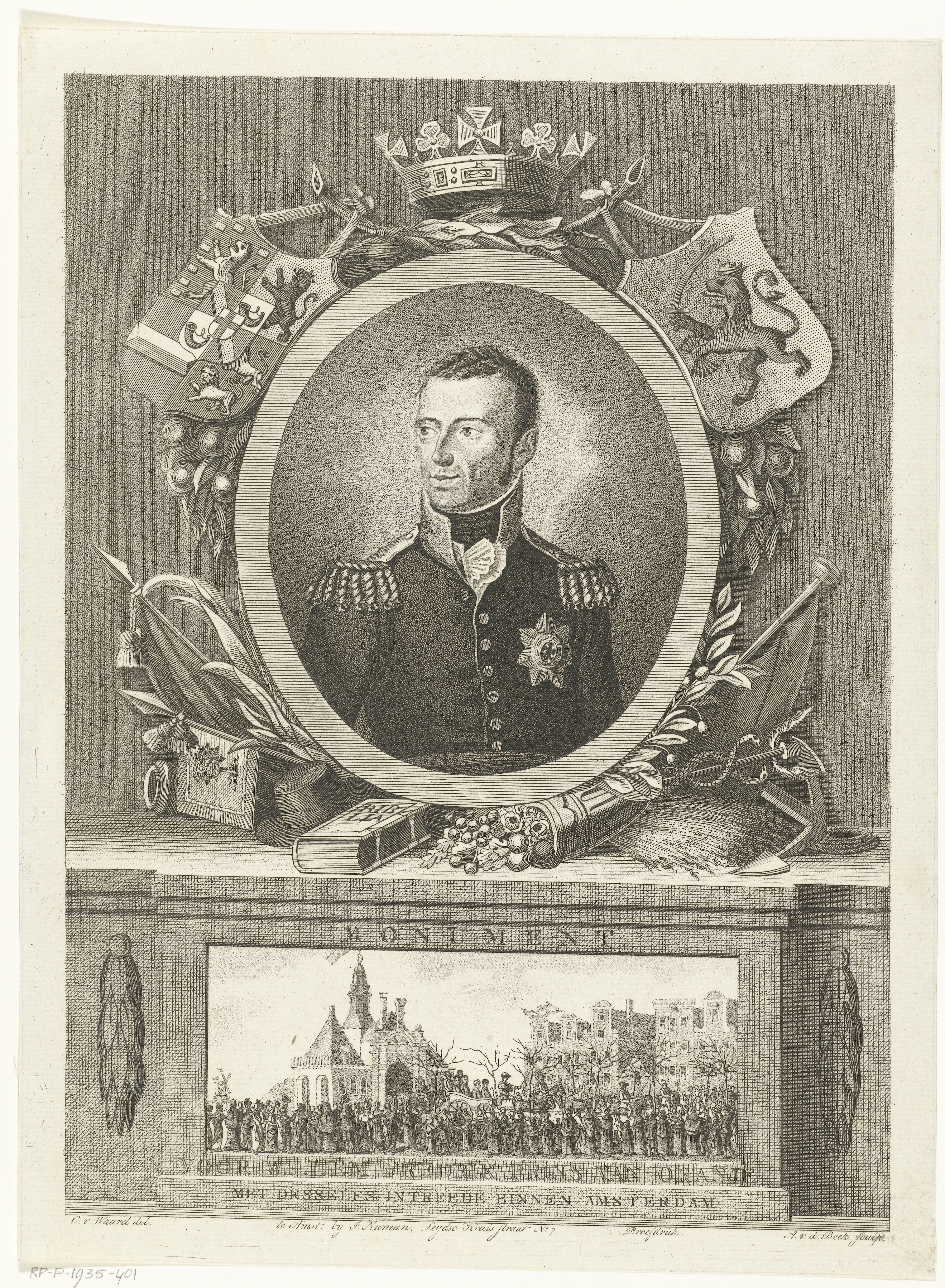 Portret van koning Willem I Frederik en zijn intocht te Amsterdam
