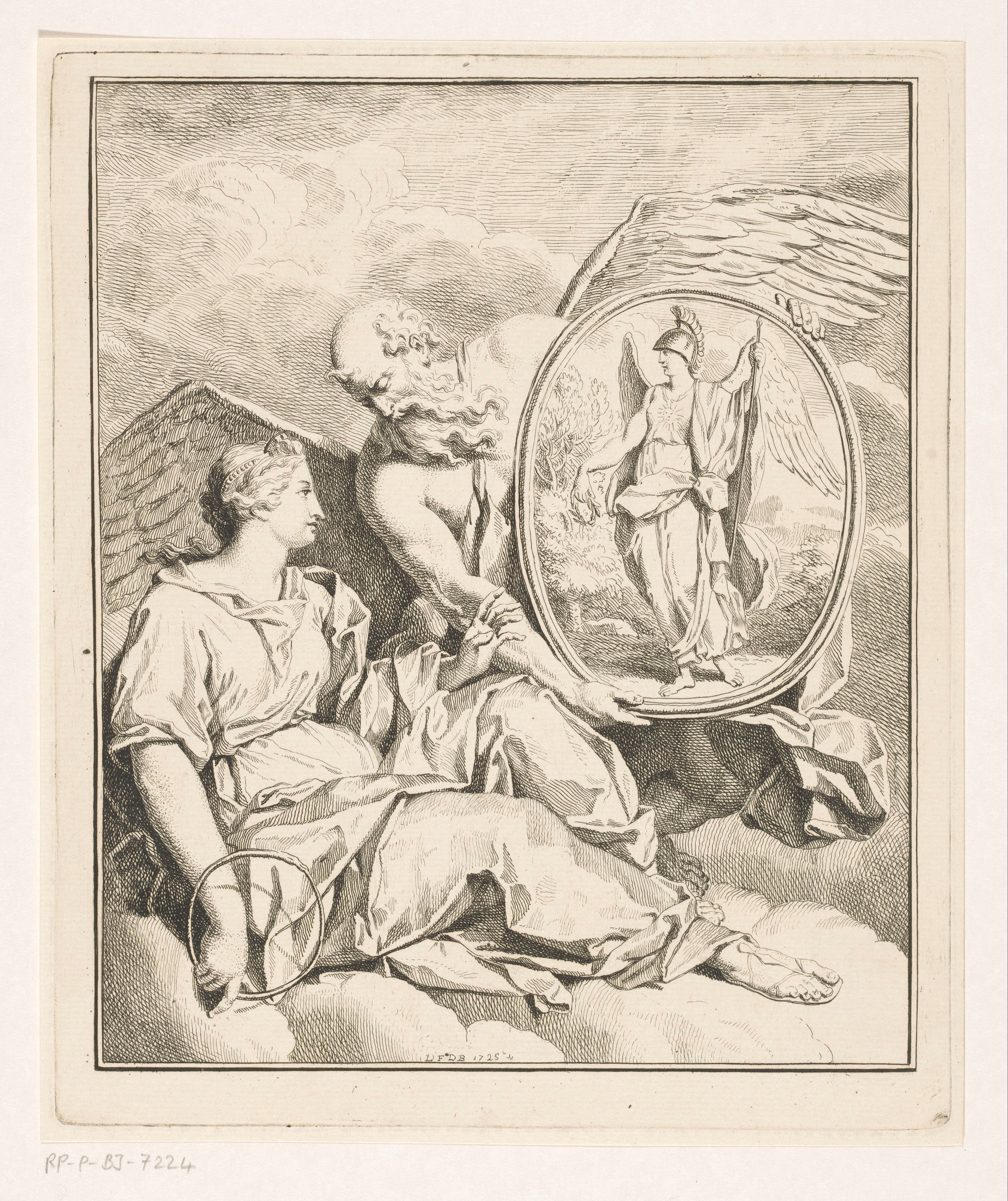 Allegorische voorstelling met Vader Tijd die de personificatie van de eeuwigheid een plaquette van Minerva toont