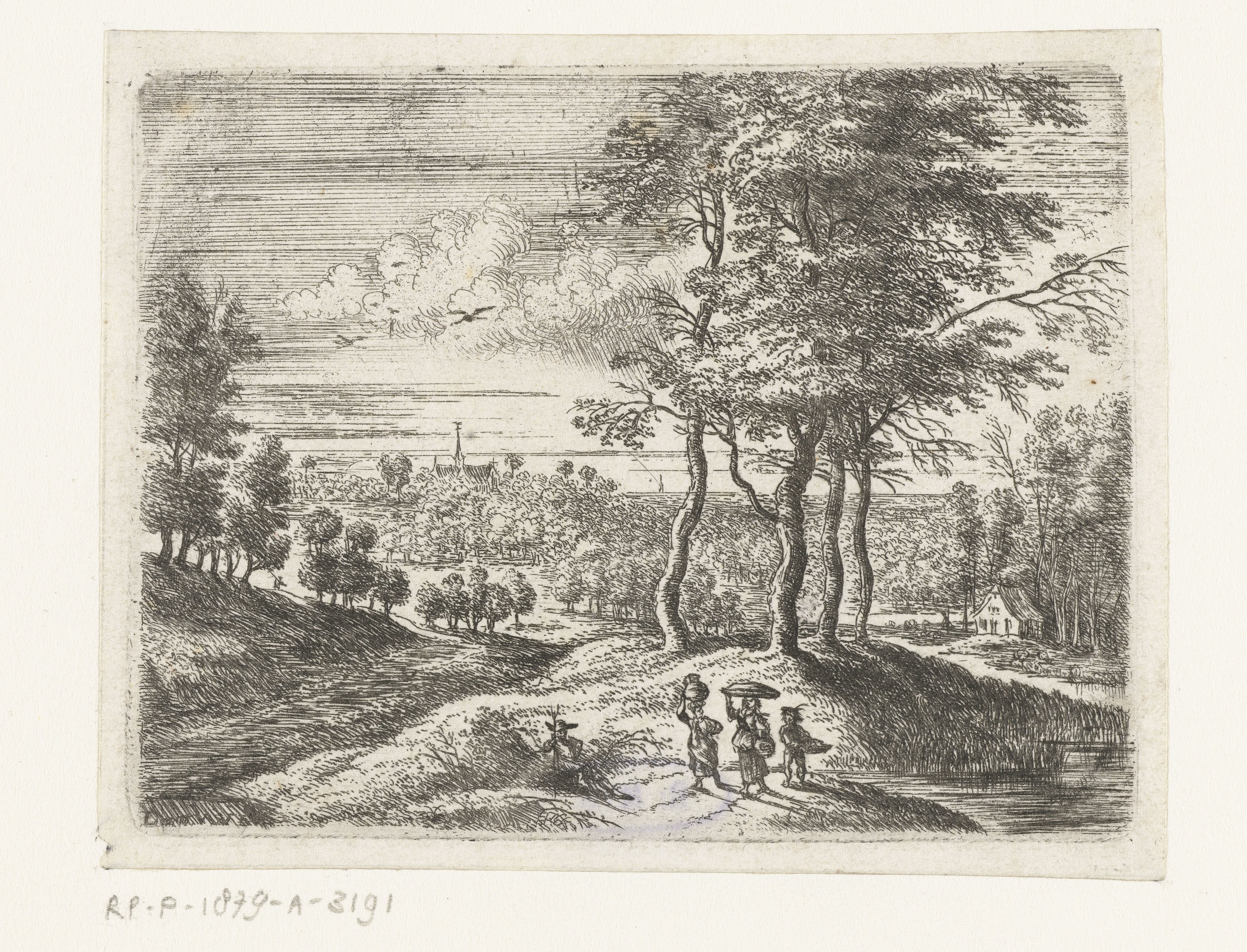 Boslandschap met twee vrouwen en een jongen met een mand