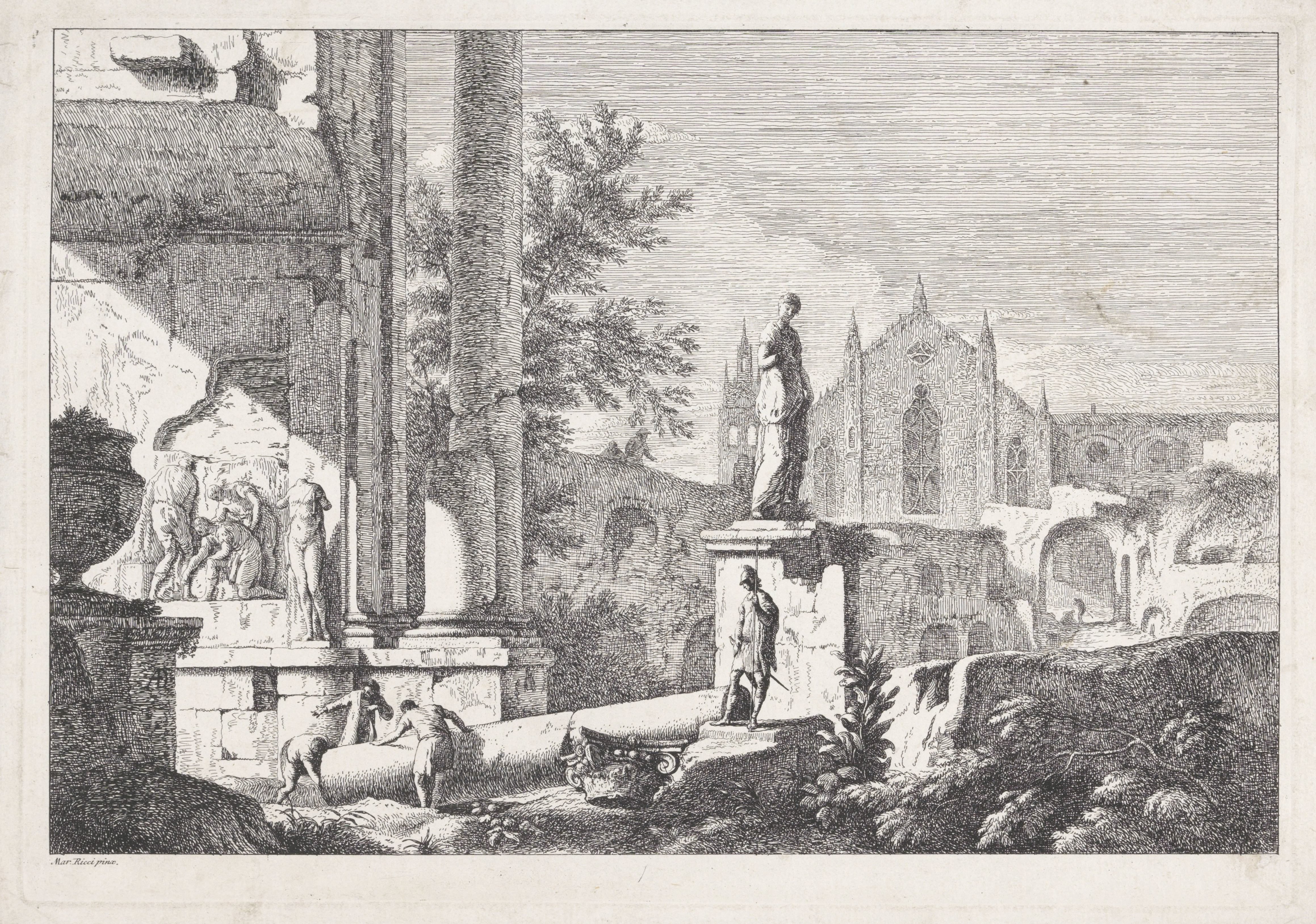 Landschap met ruïnes, een beeld en een kerk