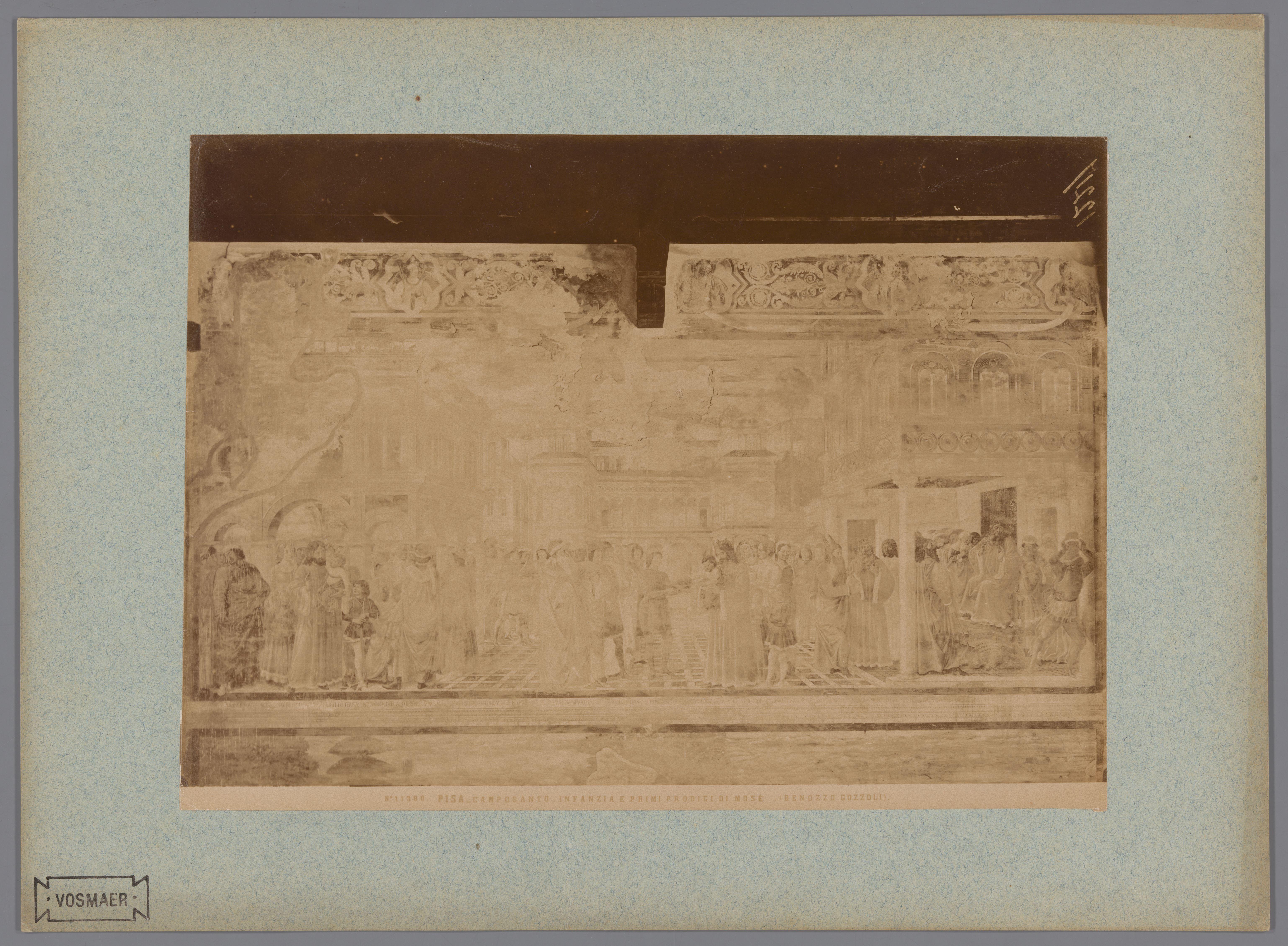 Fotoreproductie van het fresco Jeugd en eerste wonderen van Mozes naar Benozzo Gozzoli in het Camposanto te Pisa, Italië