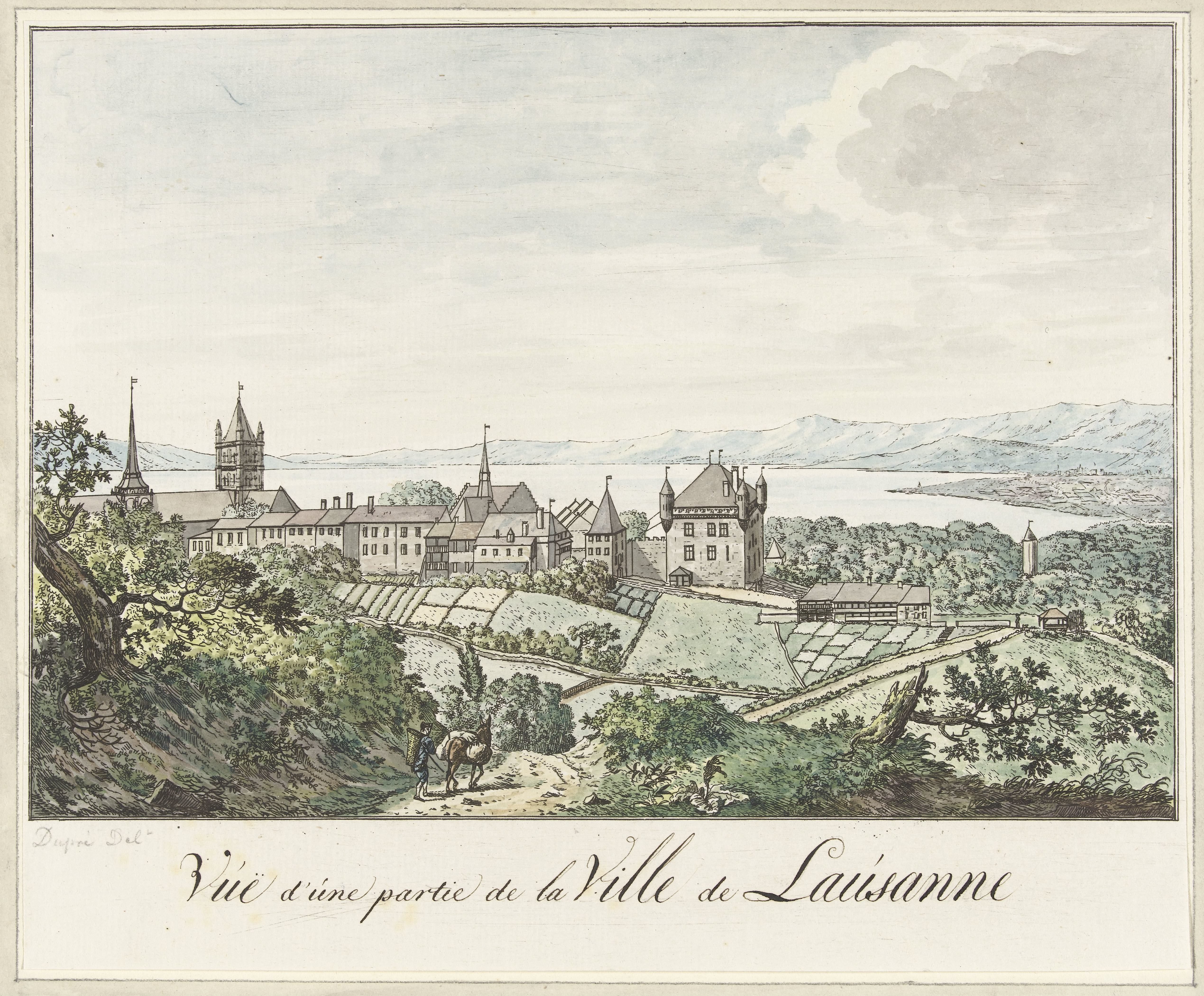 Gezicht op de kathedraal van Lausanne en het meer van Geneve