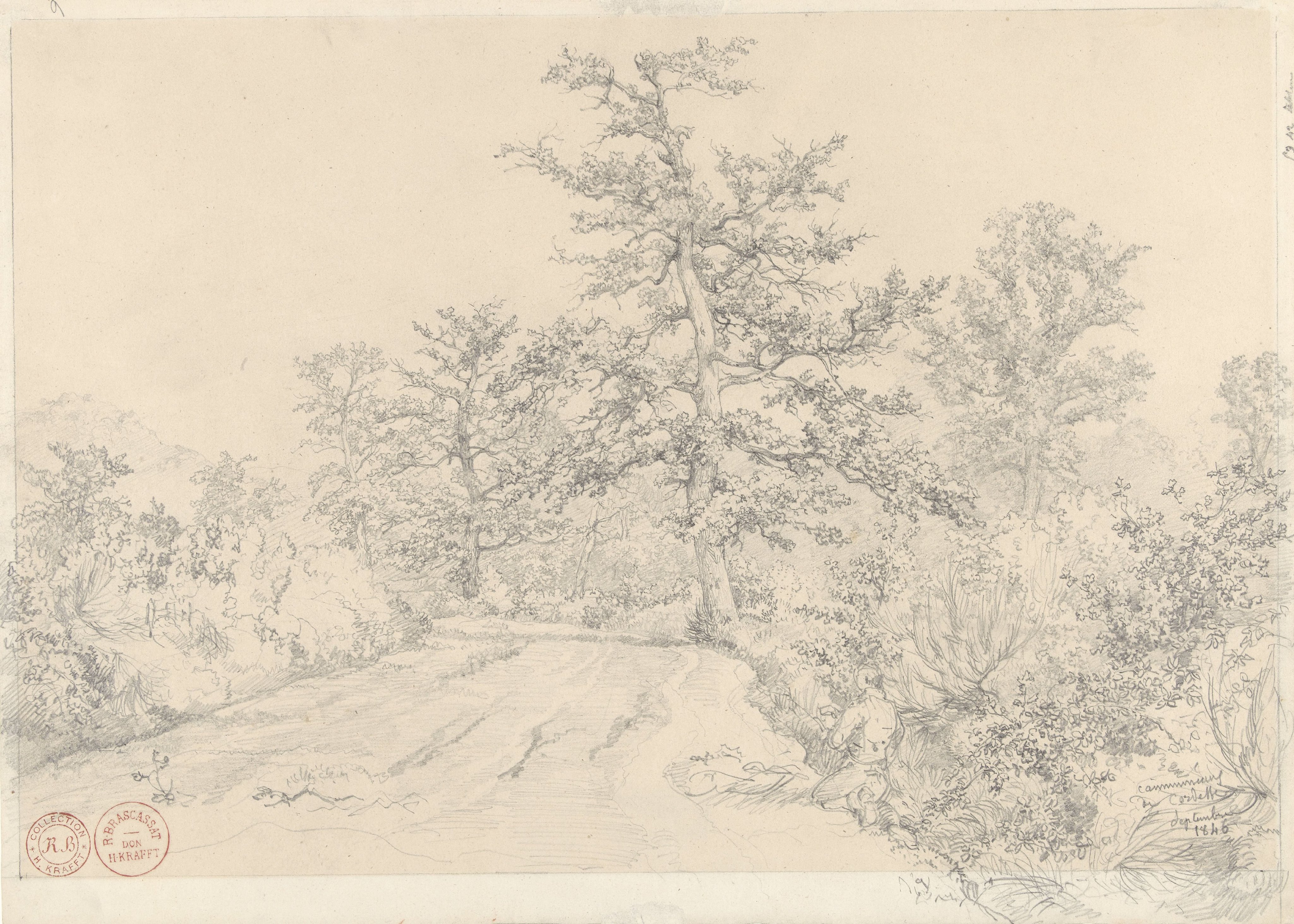 Landschap met geknielde man op de voorgrond