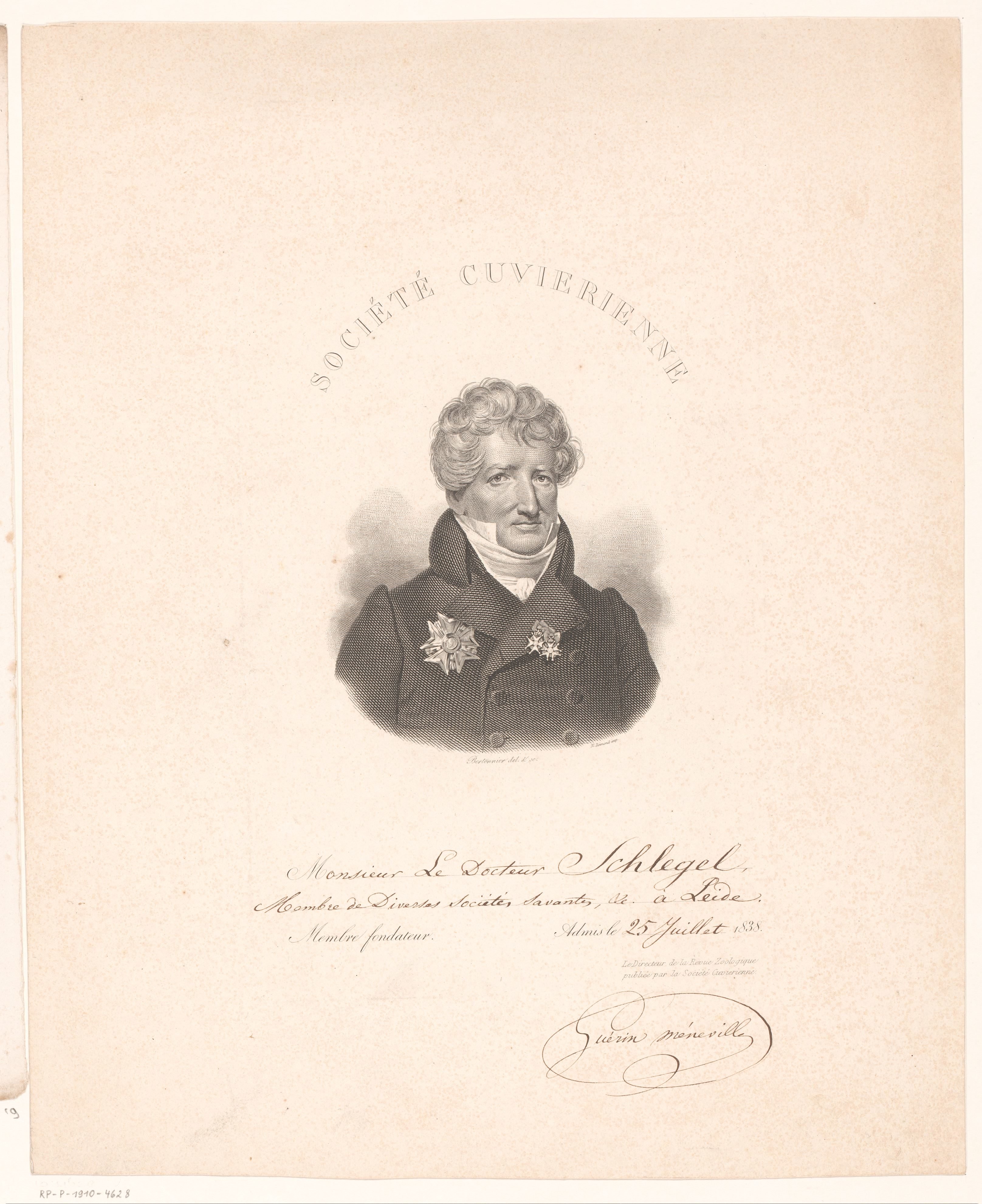 Prent ter ere van het lidmaatschap van dokter Schlegel in de Société Cuvierienne met portret van Georges Cuvier