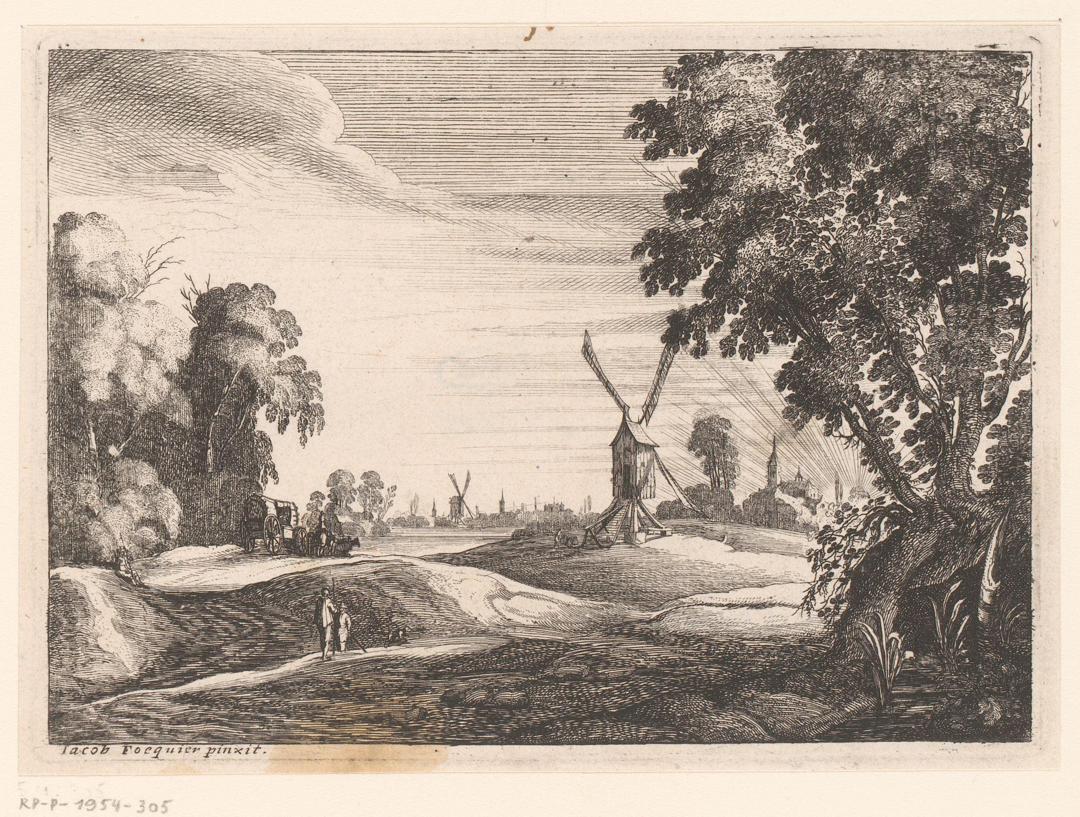 Landschap met windmolens en reizigers