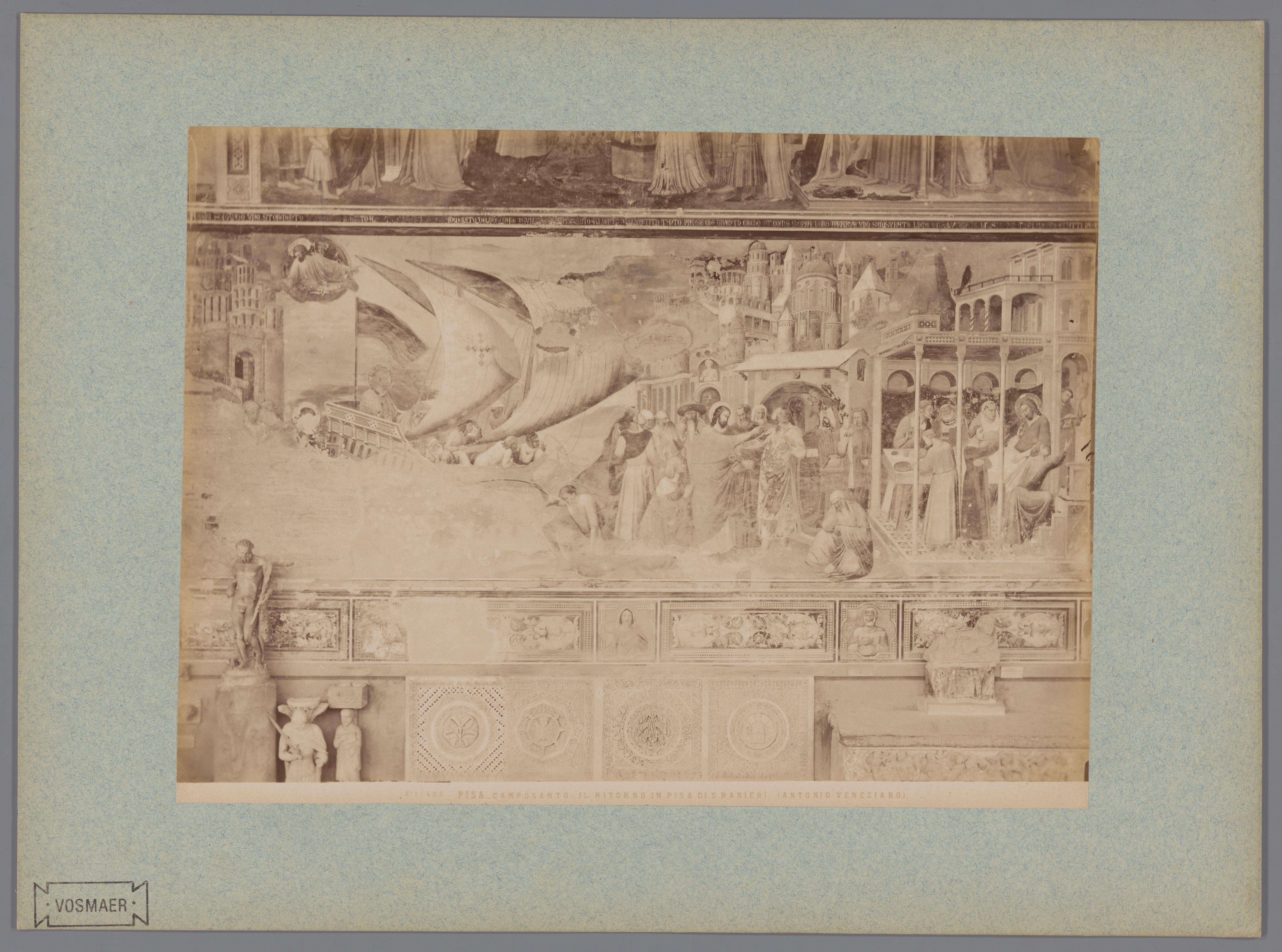 Fotoreproductie van de fresco De terugkeer van S. Ranieri in Pisa naar Antonio Veneziano in het Camposanto te Pisa, Italië