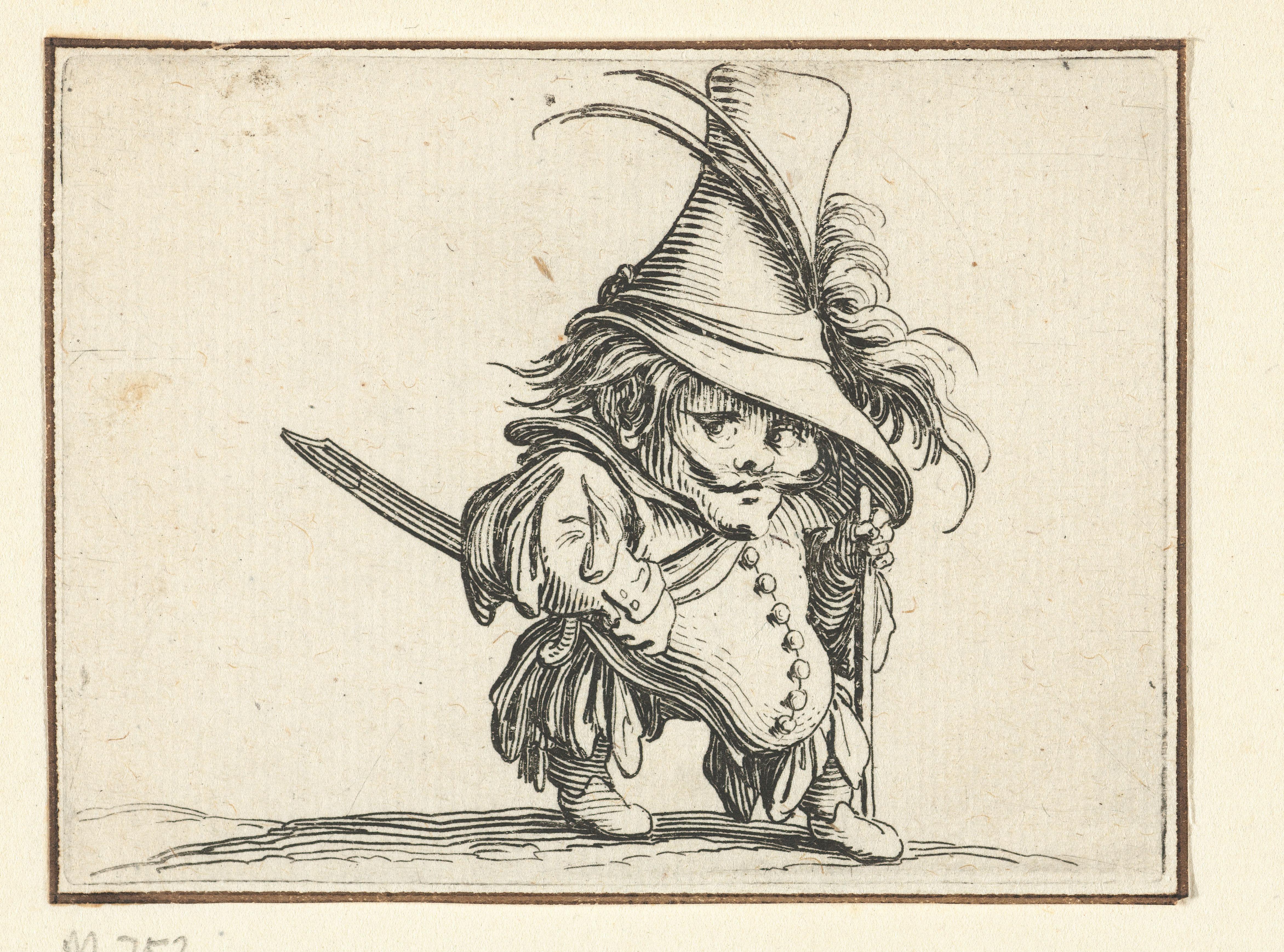 Kleine mens (karikatuur) met zwaard en wandelstok
