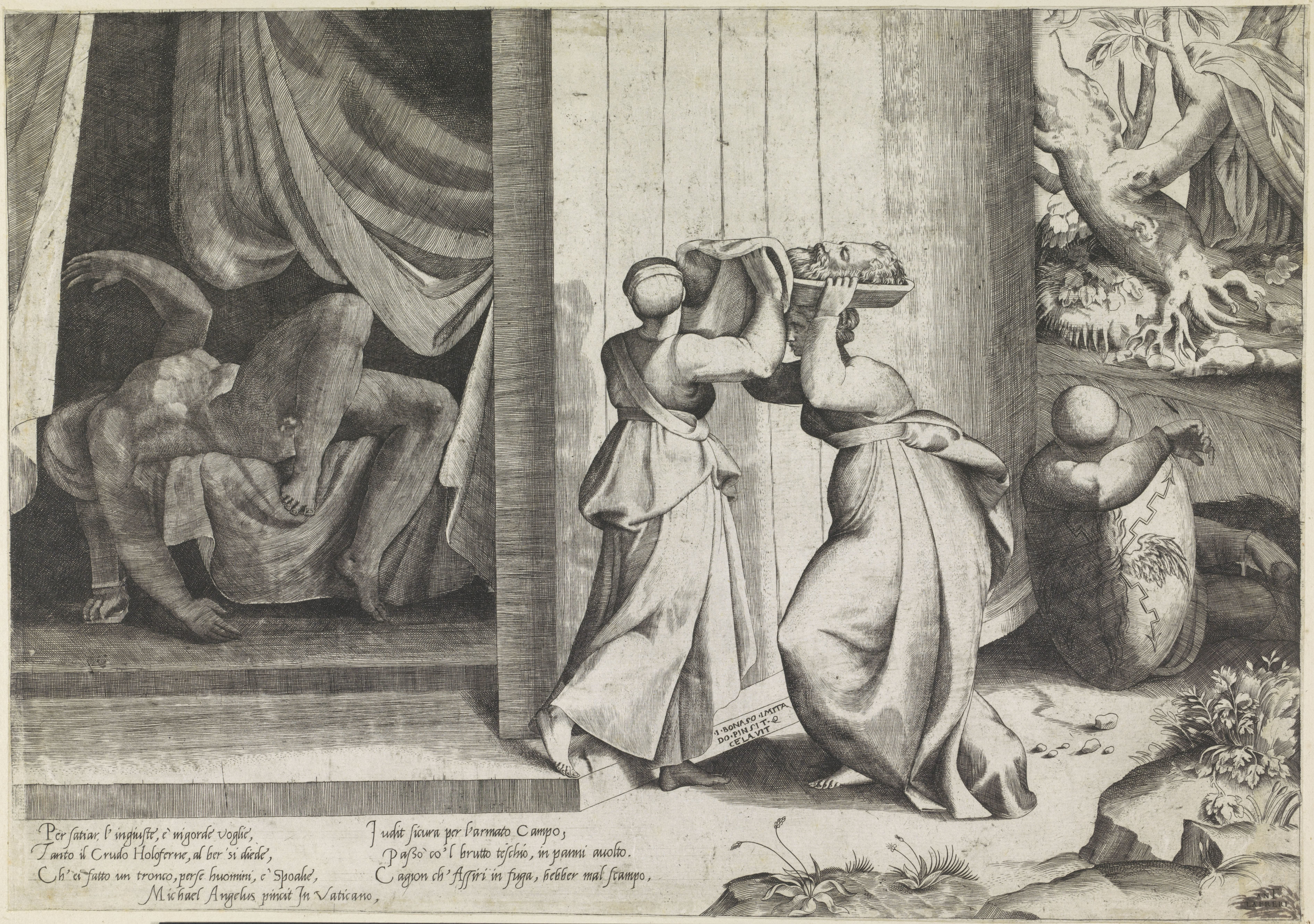 Judit en haar dienstmaagd stoppen het hoofd van Holofernes in een zak