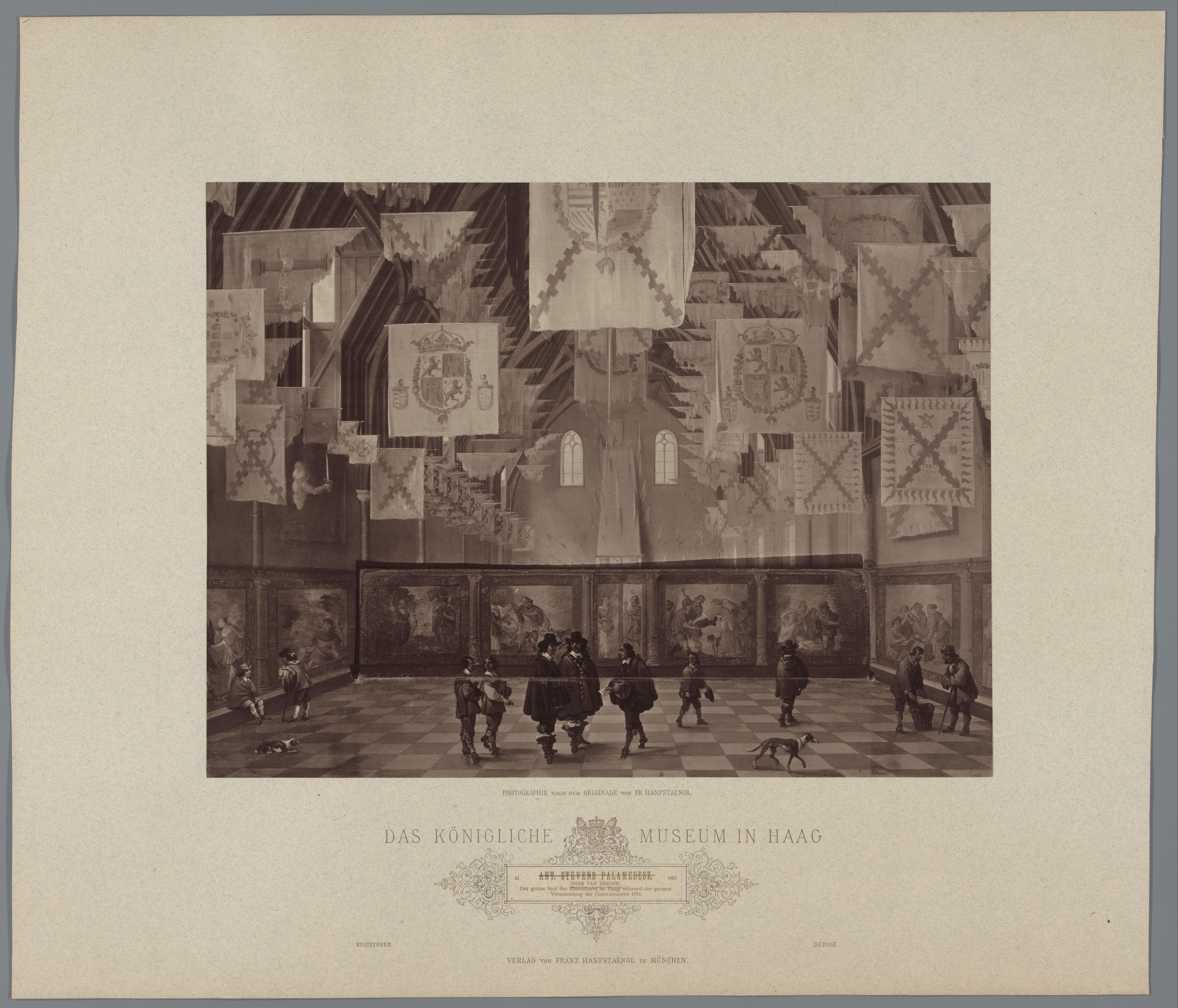 Fotoreproductie van schilderij De grote zaal van het Binnenhof tijdens de bijeenkomst van de Staten-Generaal in 1651 door Dirck van Delen, coll. Mauritshuis