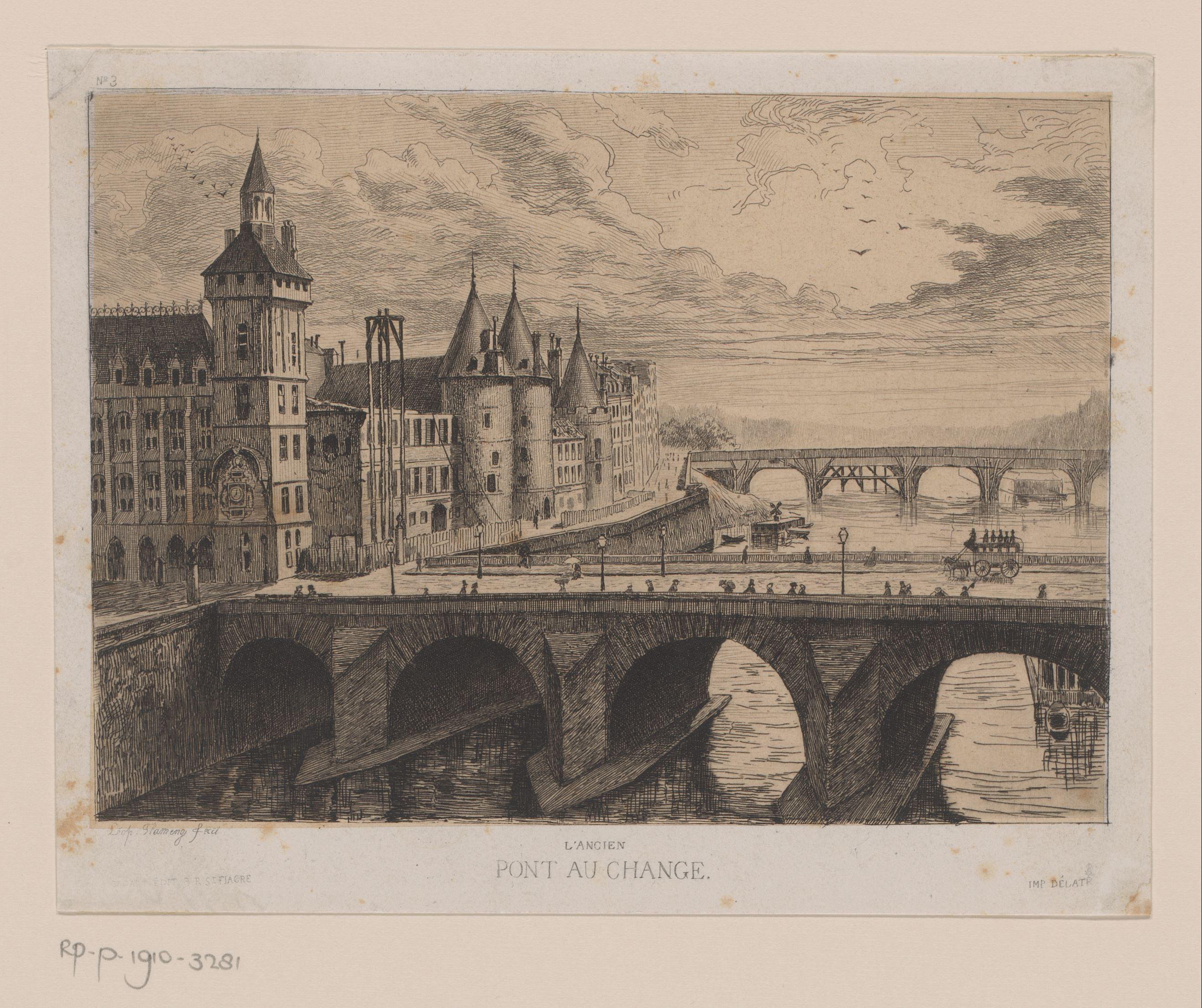 Gezicht op de Pont au Change over de Seine in Parijs, met links de rechtbank en Place de l'Horloge