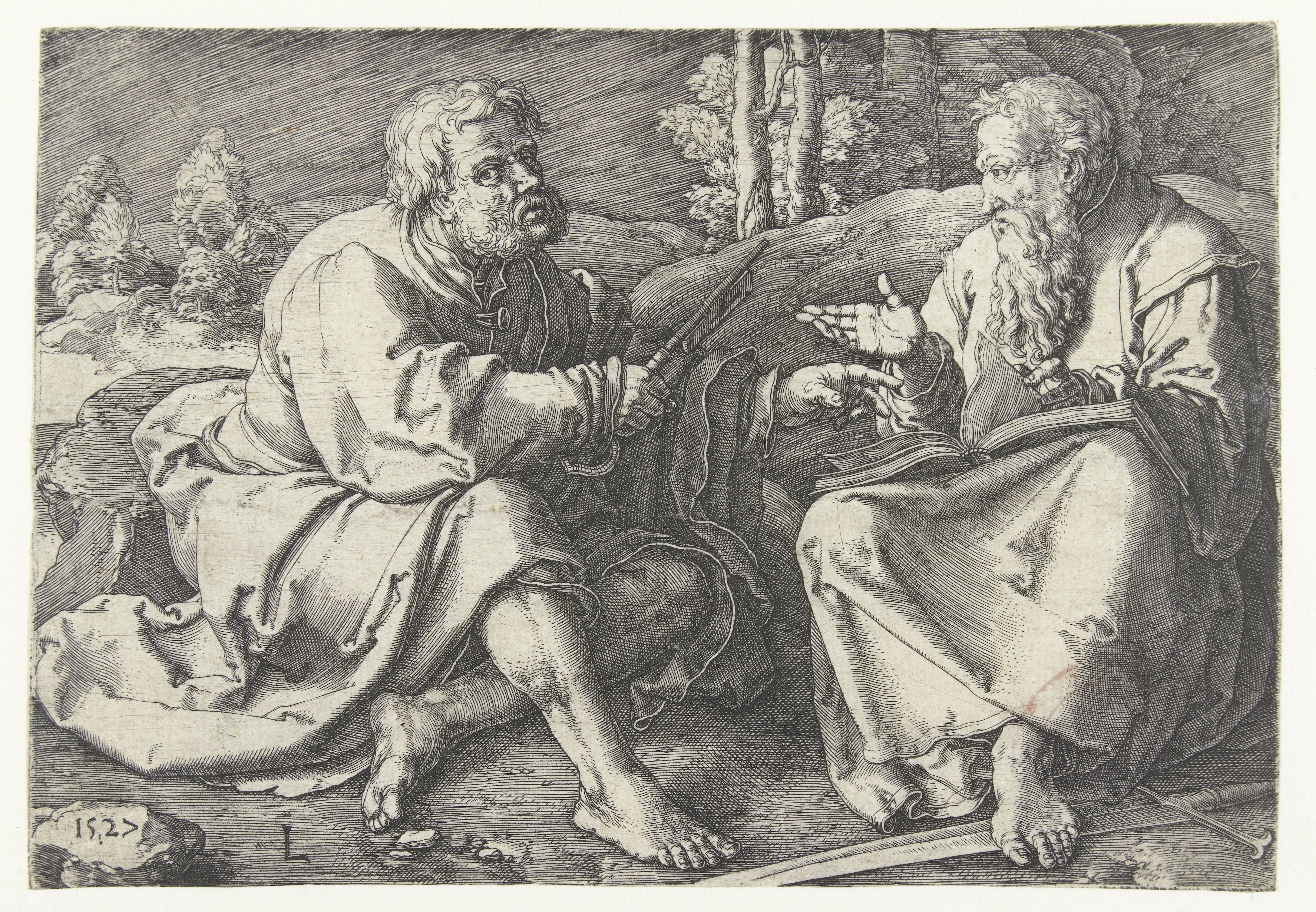 Petrus en Paulus zittend in een landschap