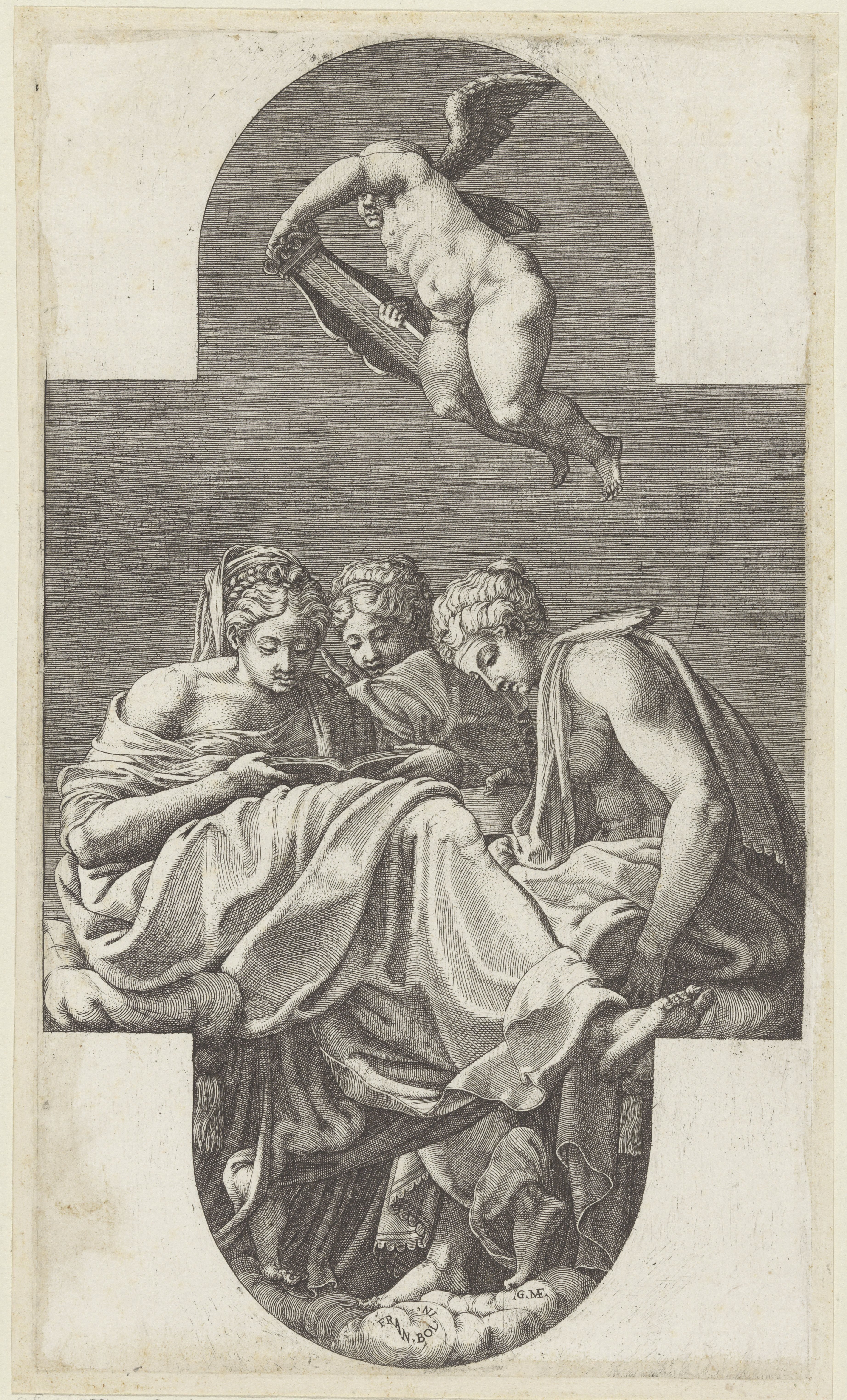 Drie Muzen en een putto met een lier