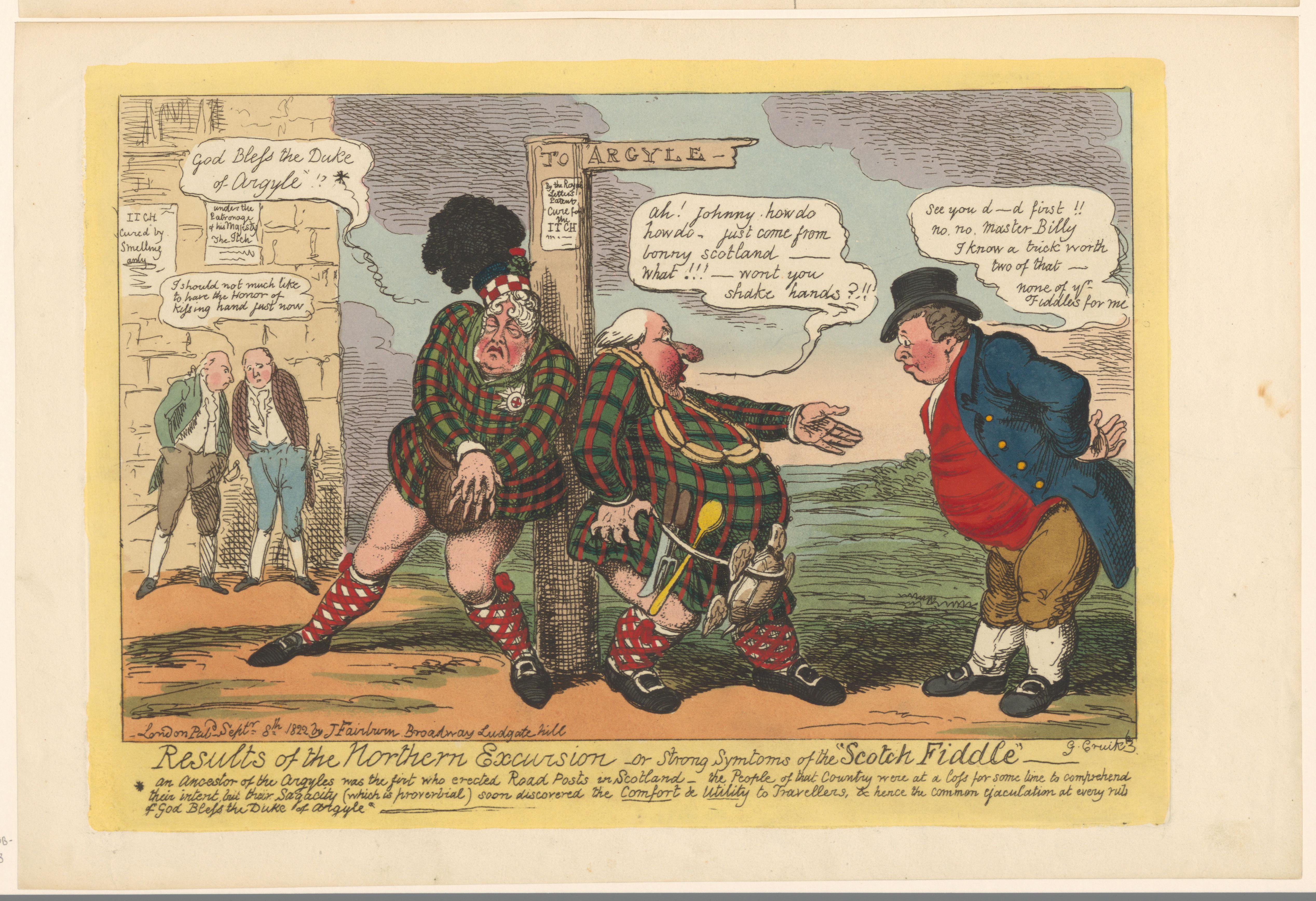 George IV en William Curtis leunen in Schotse kledij tegen een wegwijzer, rechts weigert John Bull een hand van Curtis