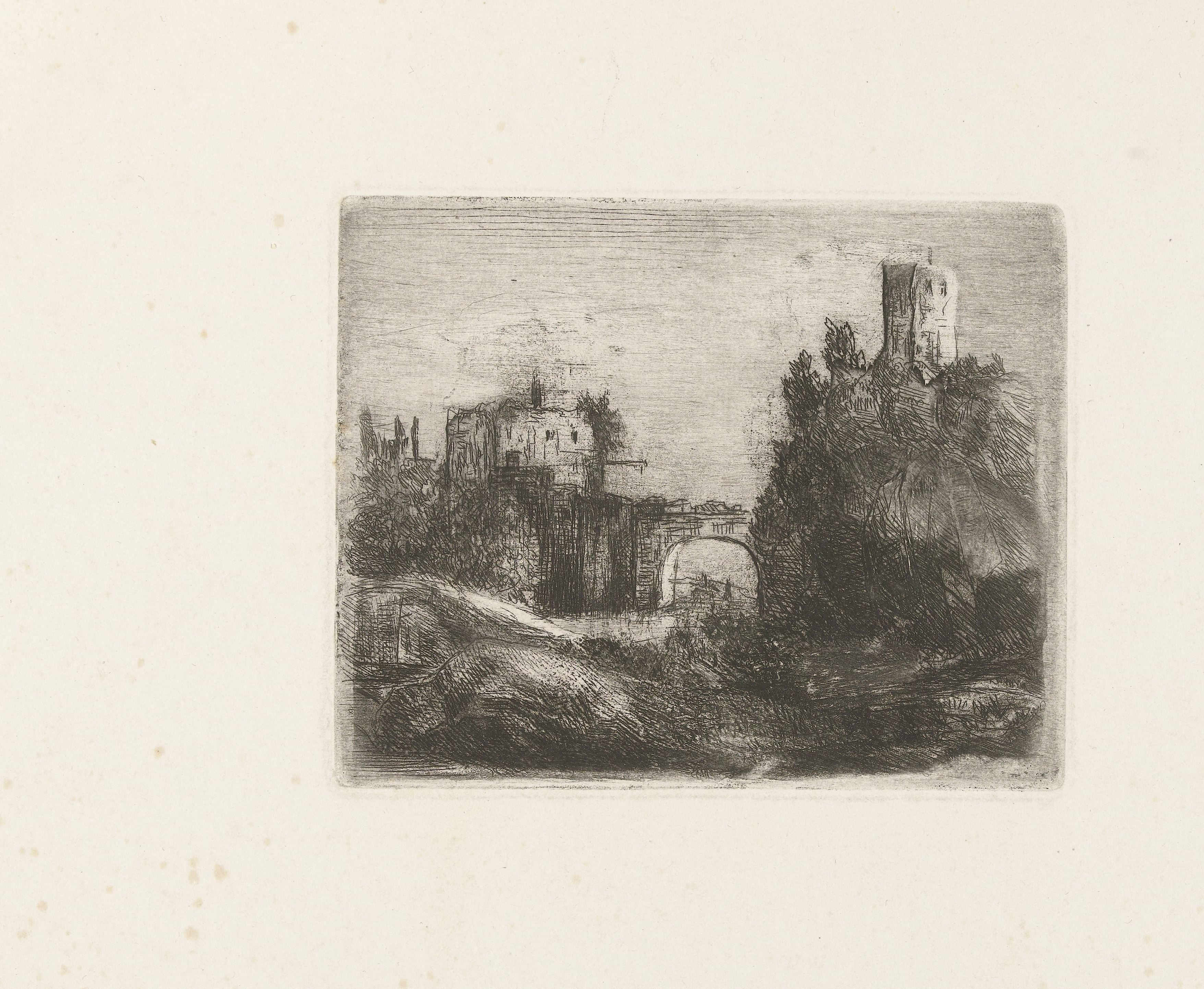 Zuidelijk landschap met poort en toren op rots