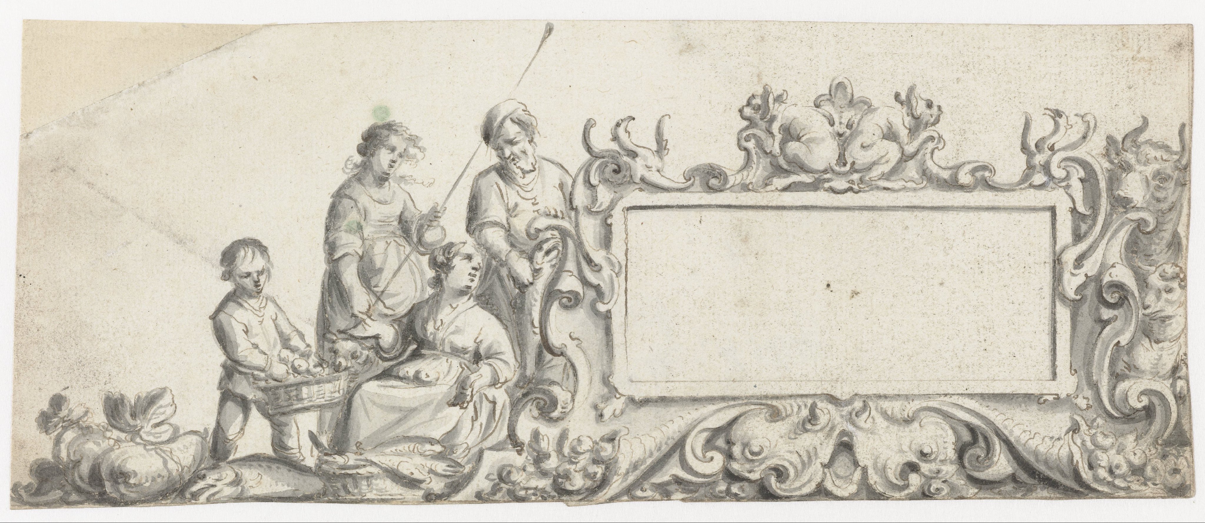 Rechthoekige cartouche met vier personen en dieren