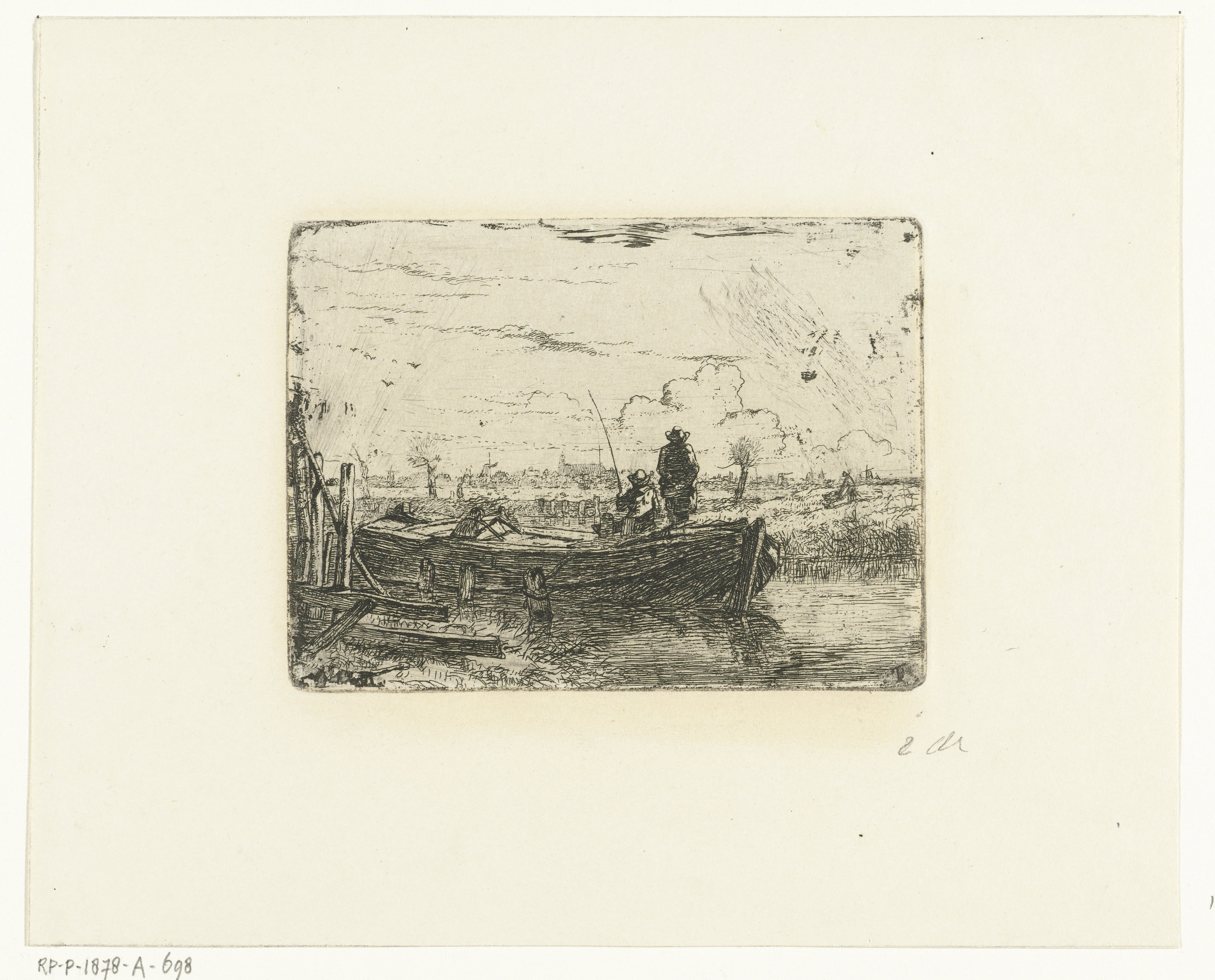 Polderlandschap met twee mannen op boot