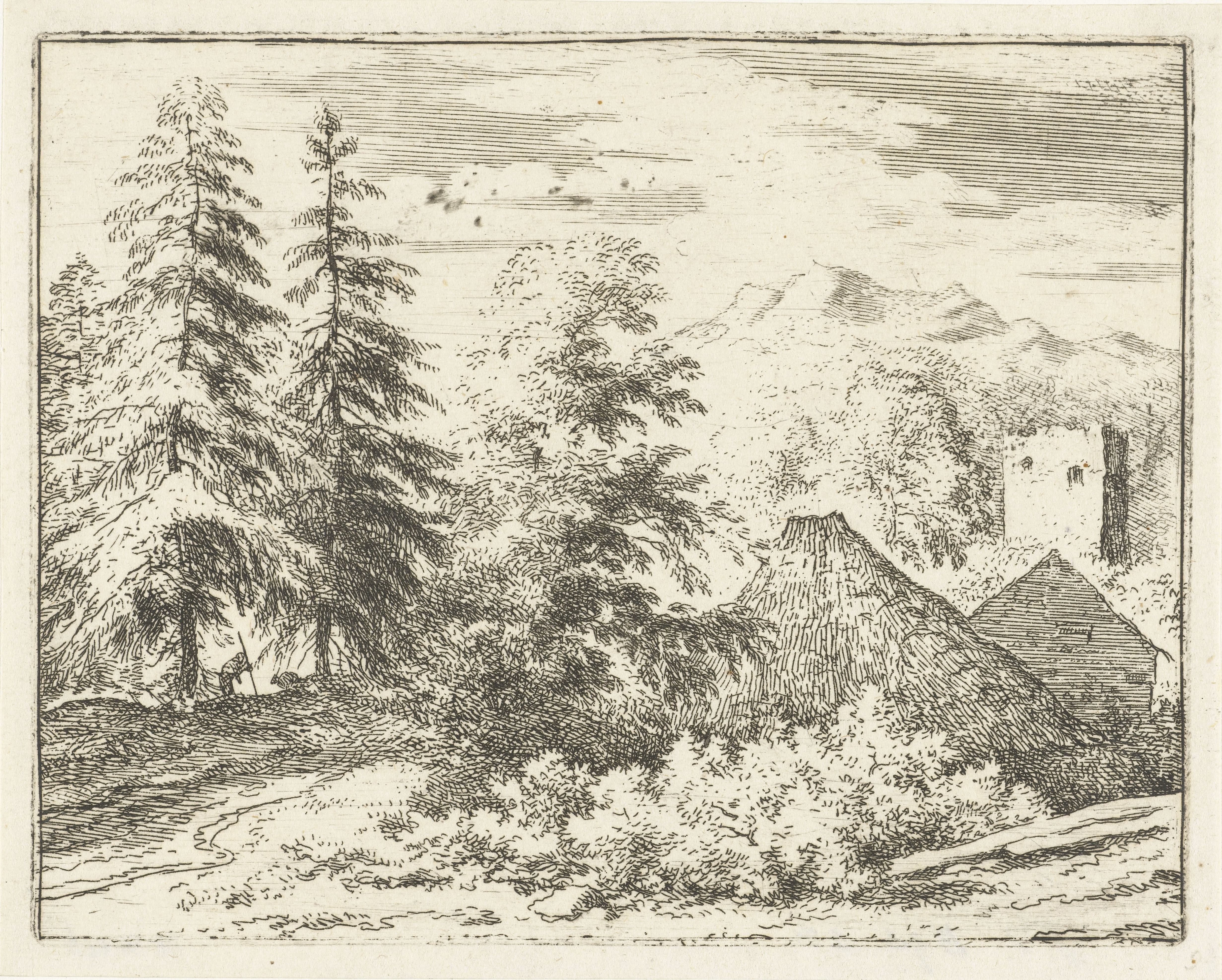 Landschap met man tussen twee sparren