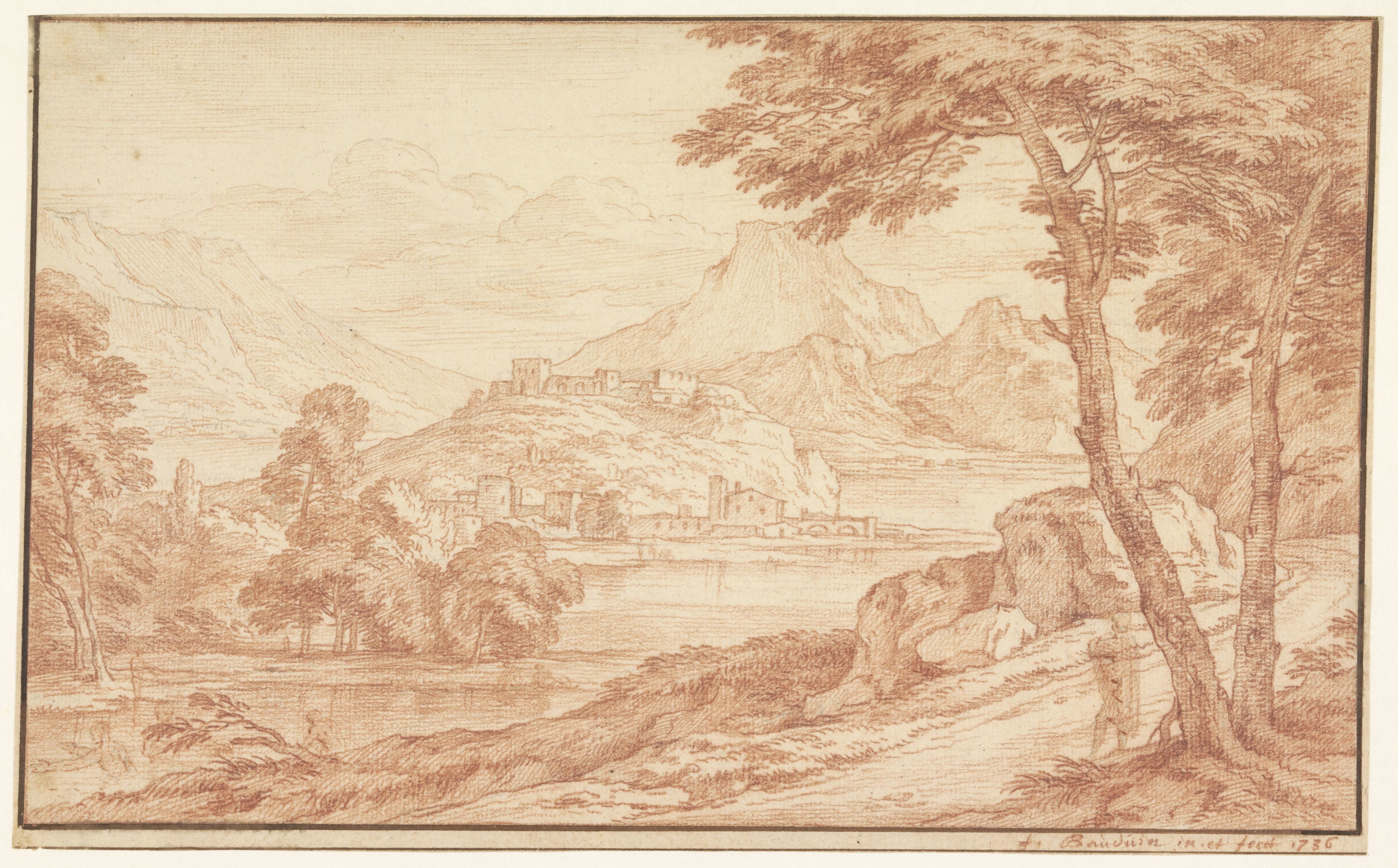 Landschap met een dorp aan het water