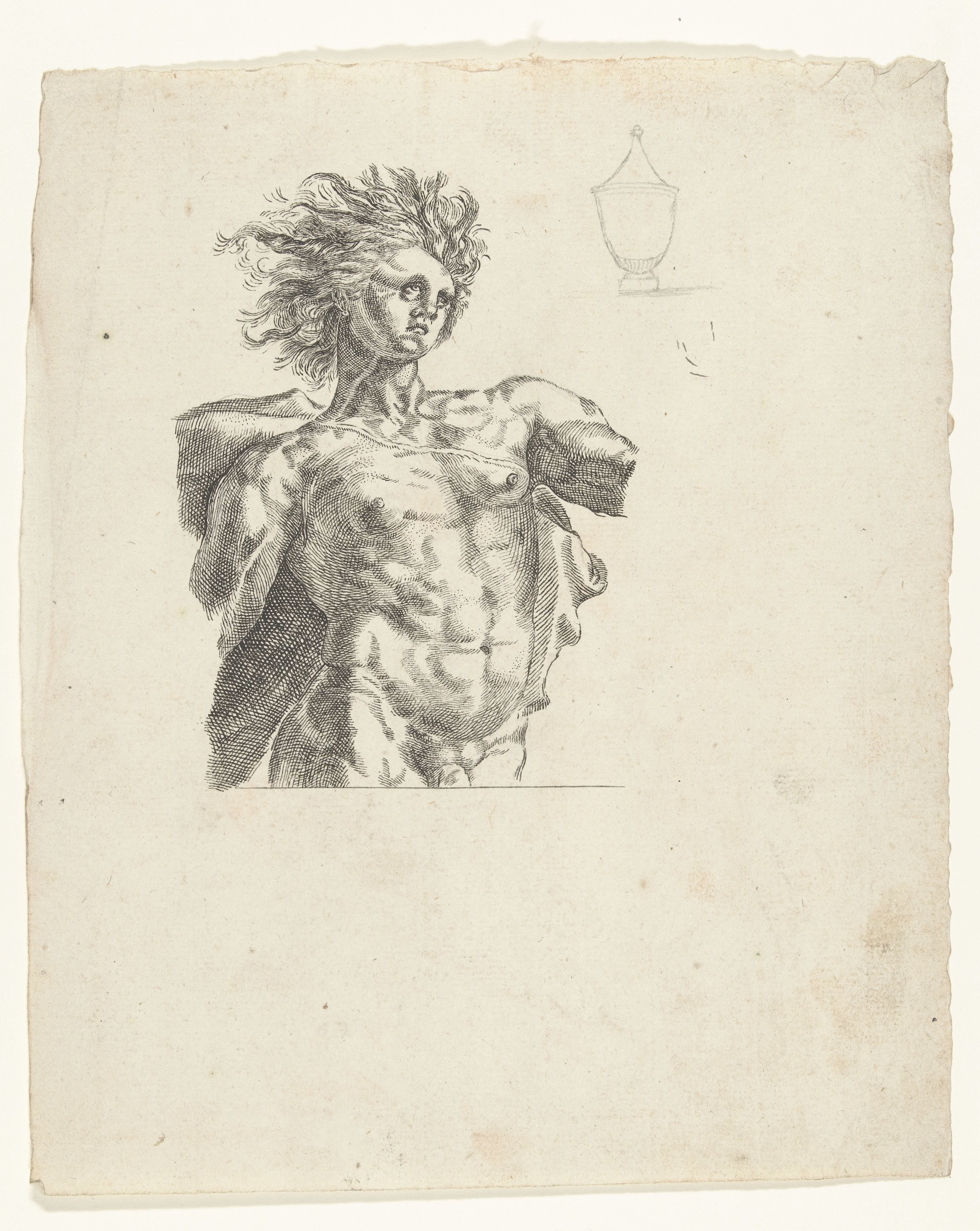 Apollo, ten halven lijve, en schets van een vaas