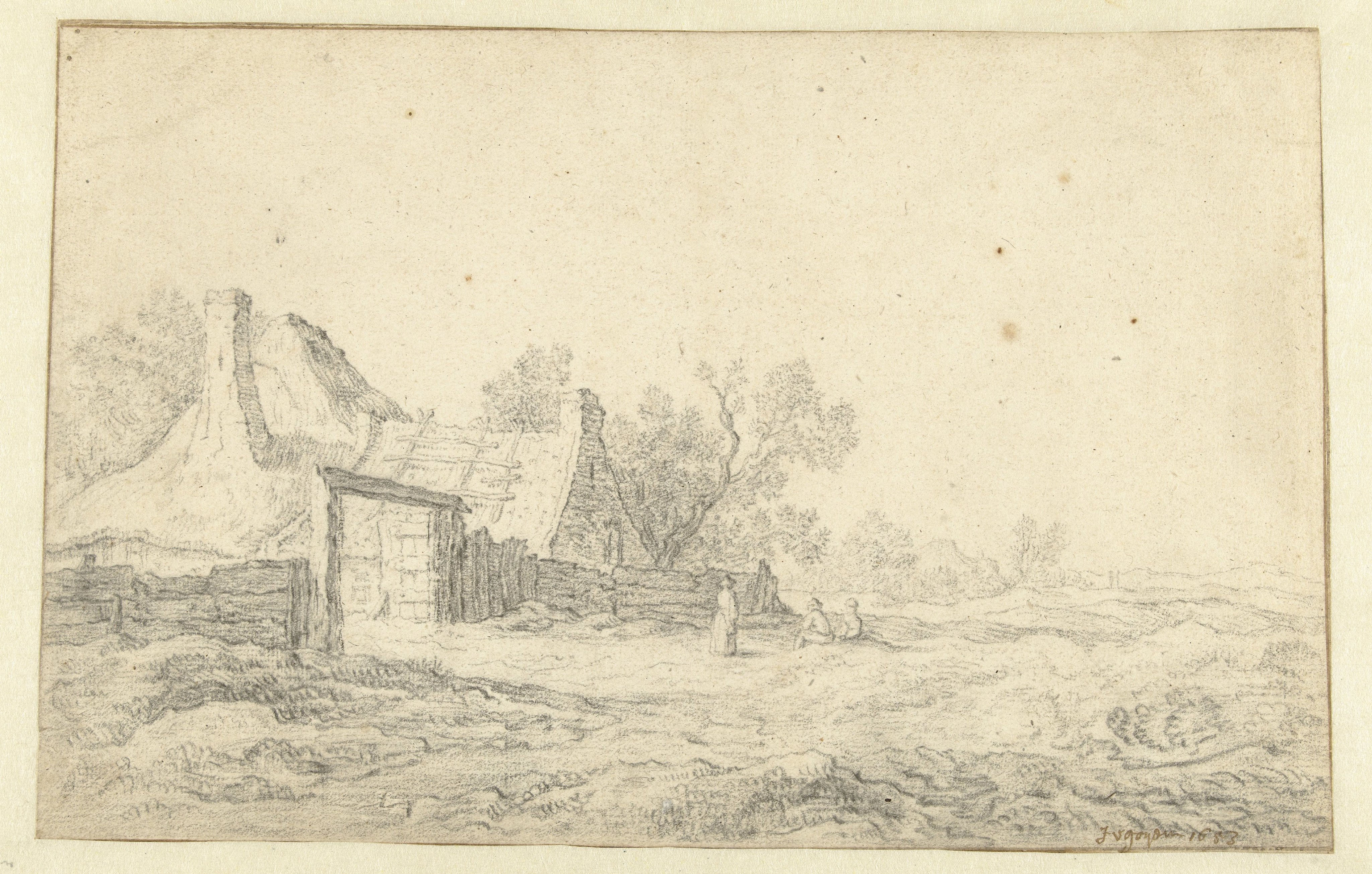 Duinlandschap met drie figuren voor een boerderij